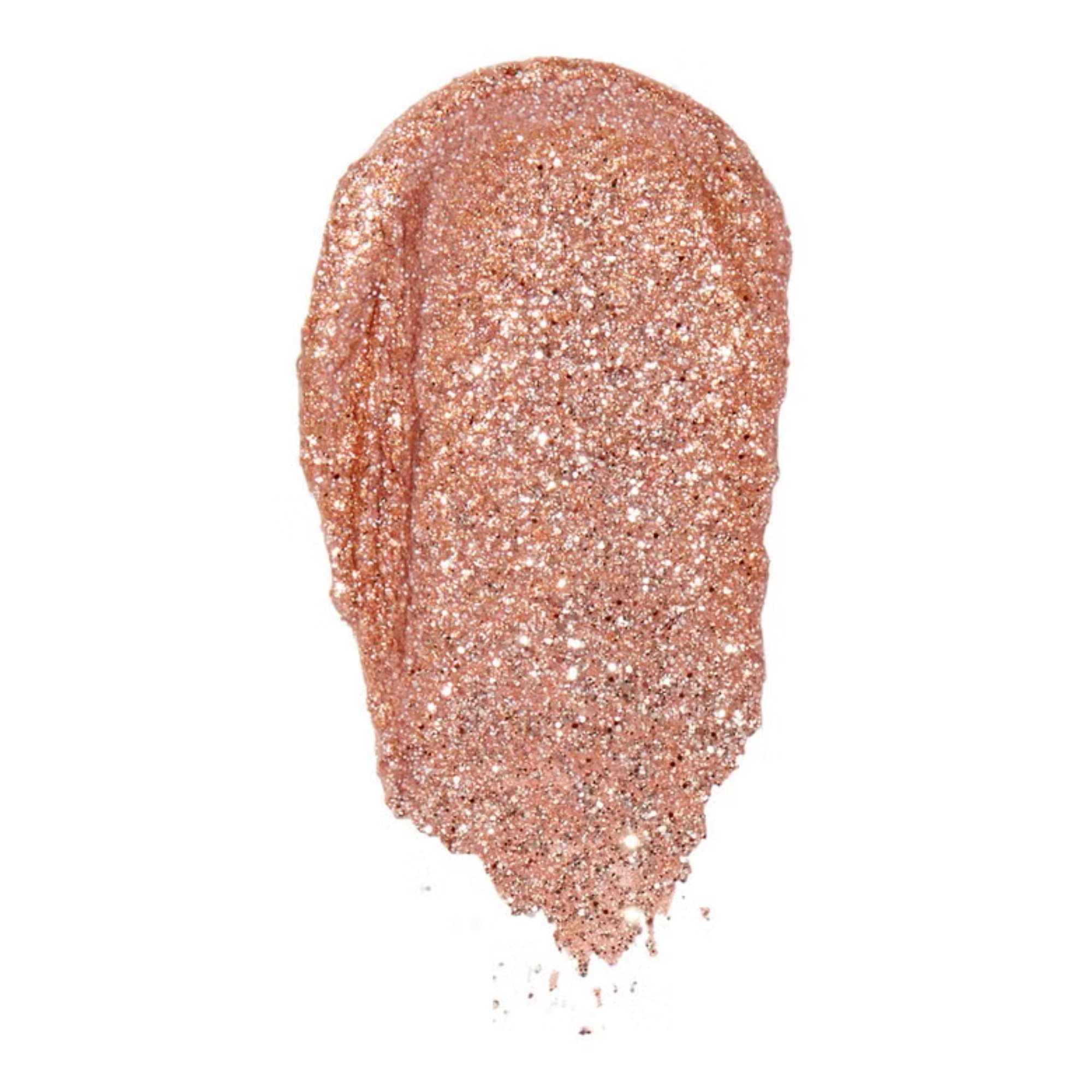 Rose gold glittery swatch of eyeshadow on a white background