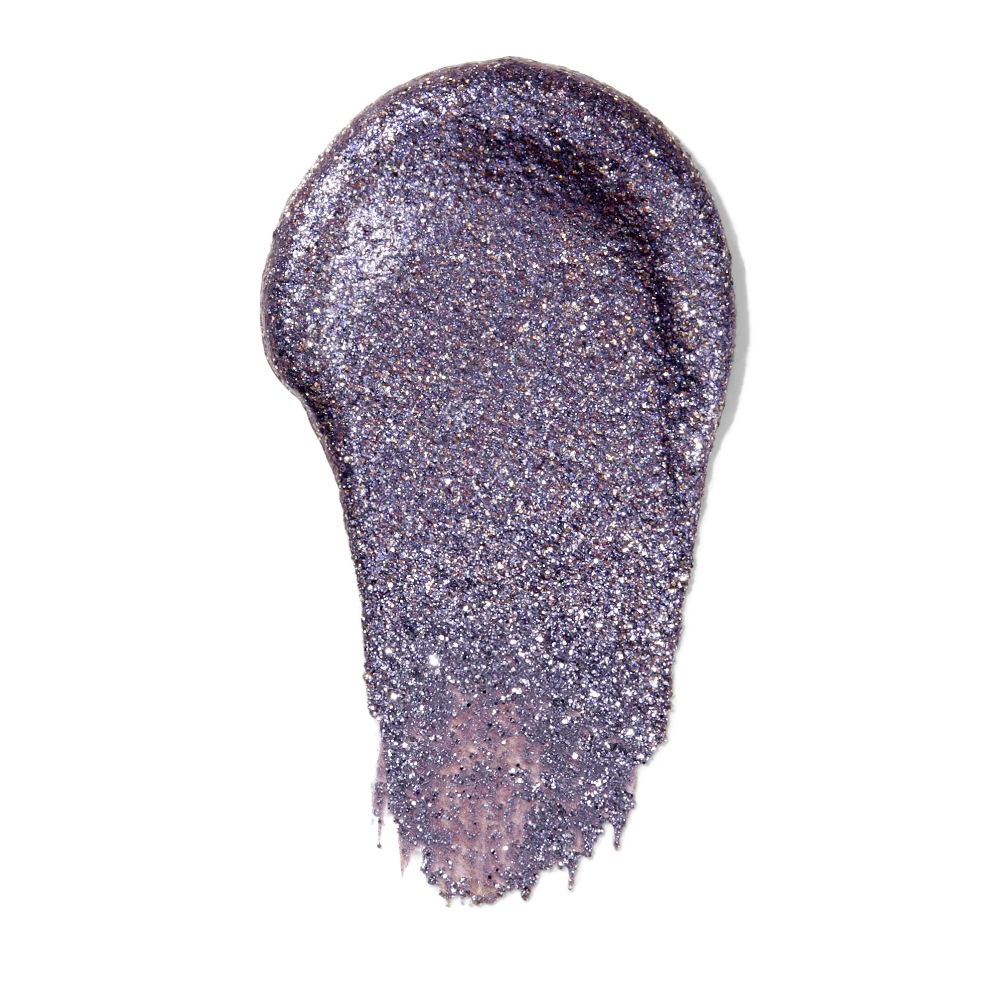 Purple glittery eyeshadow makeup swatch on a white background