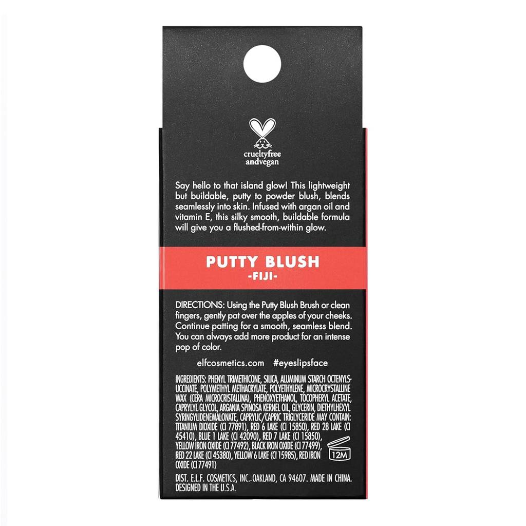 Back of a cosmetic packaging for 'Putty Blush Fiji' with text and branding.