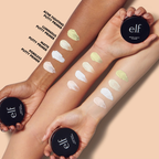 Kleur- en textuurstalen van e.l.f. Luminous Putty Primer op verschillende huidtinten.