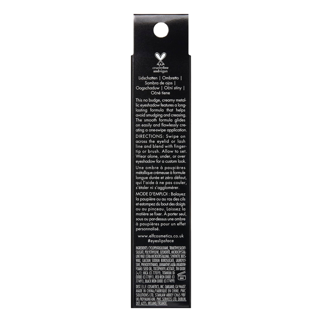 Back packaging of e.l.f. No Budge Cream Eyeshadow with ingredients and product details.