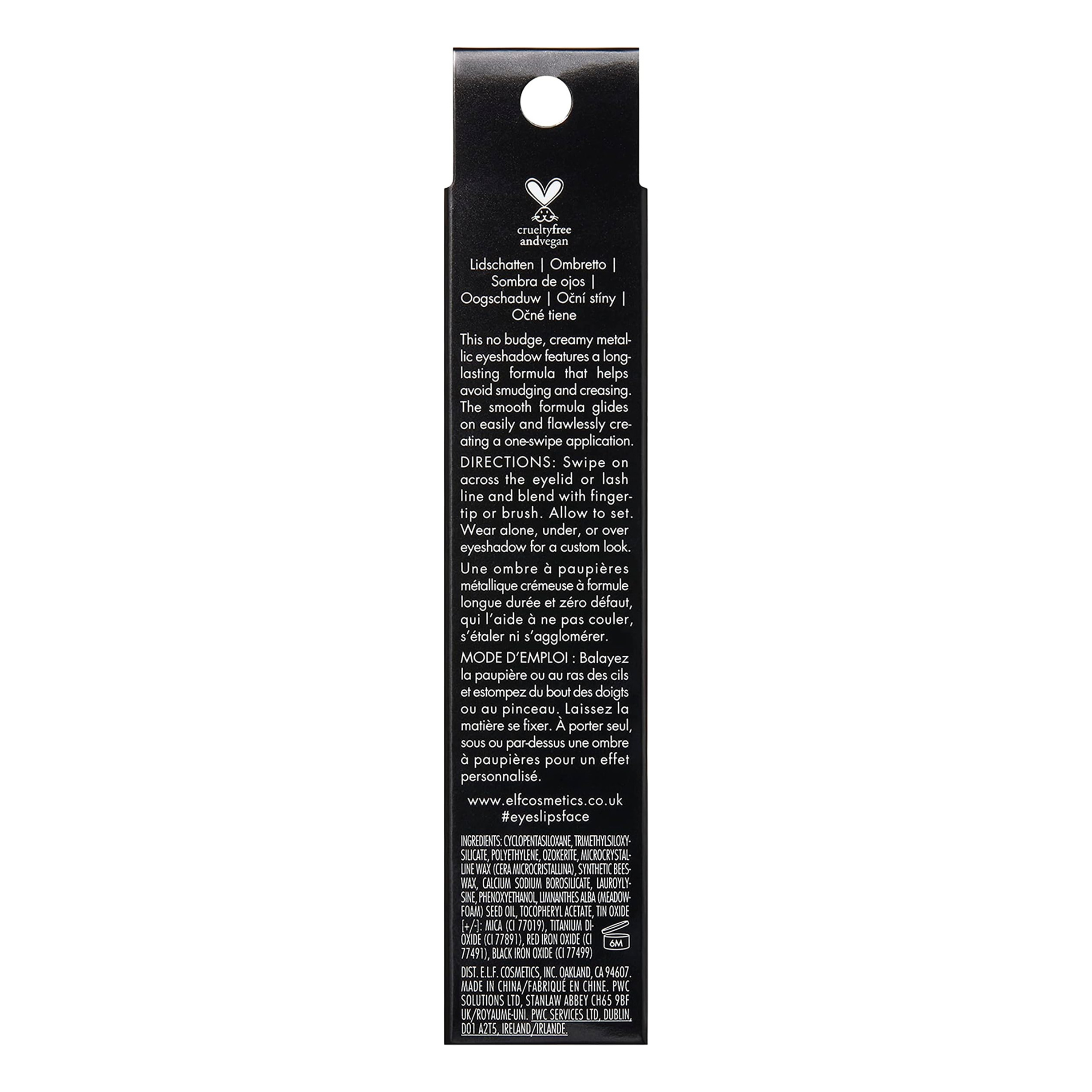 Back packaging of e.l.f. No Budge Cream Eyeshadow with ingredients and product details.