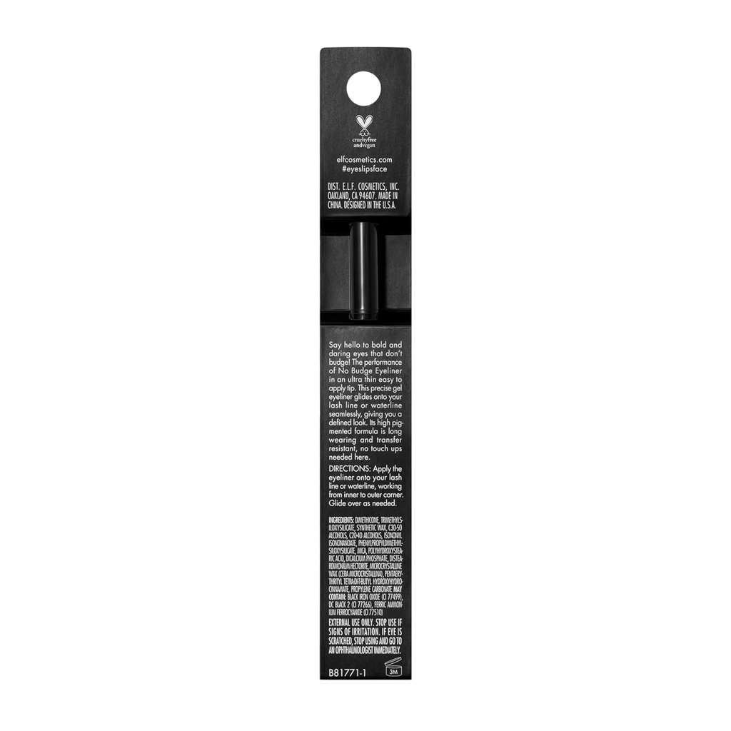 Achterzijde van de verpakking van e.l.f. No Budge Precision Eyeliner met productinformatie.