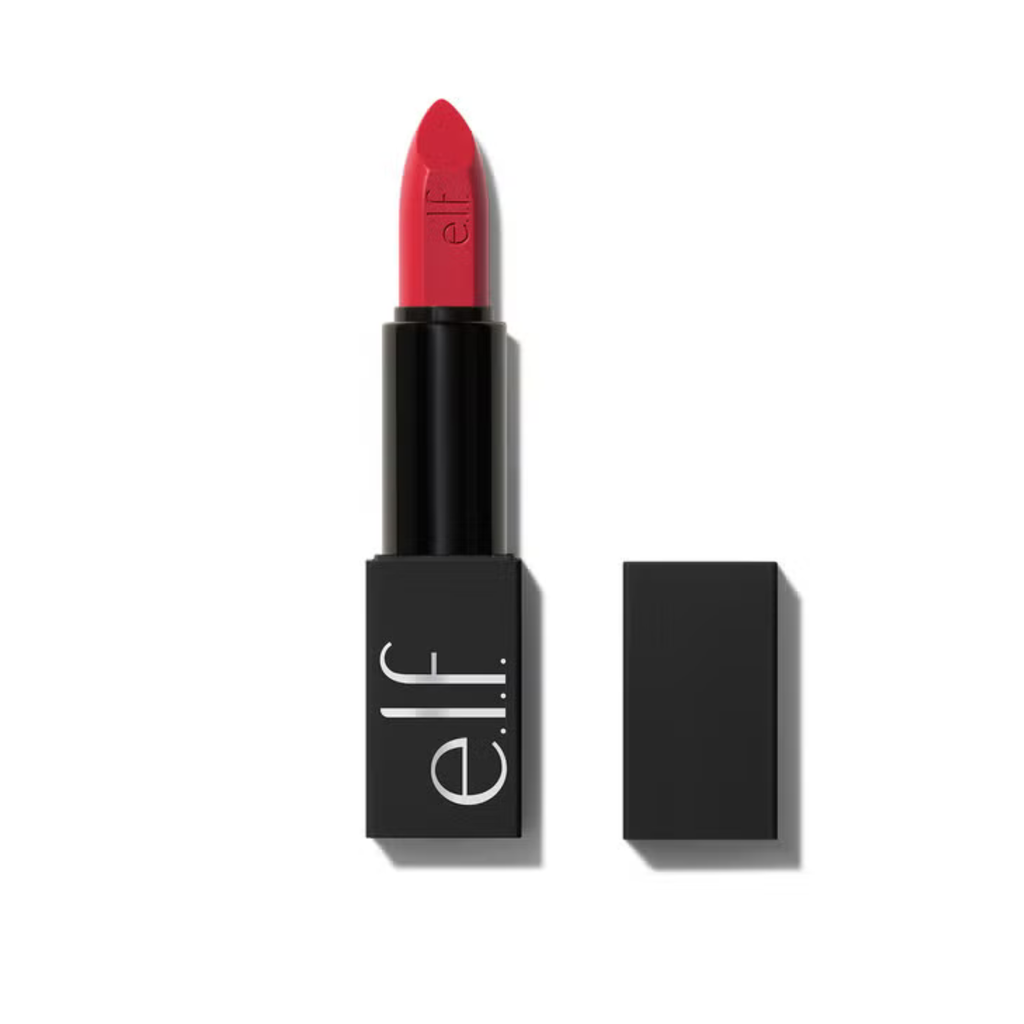 Red lipstick with black case on a white background