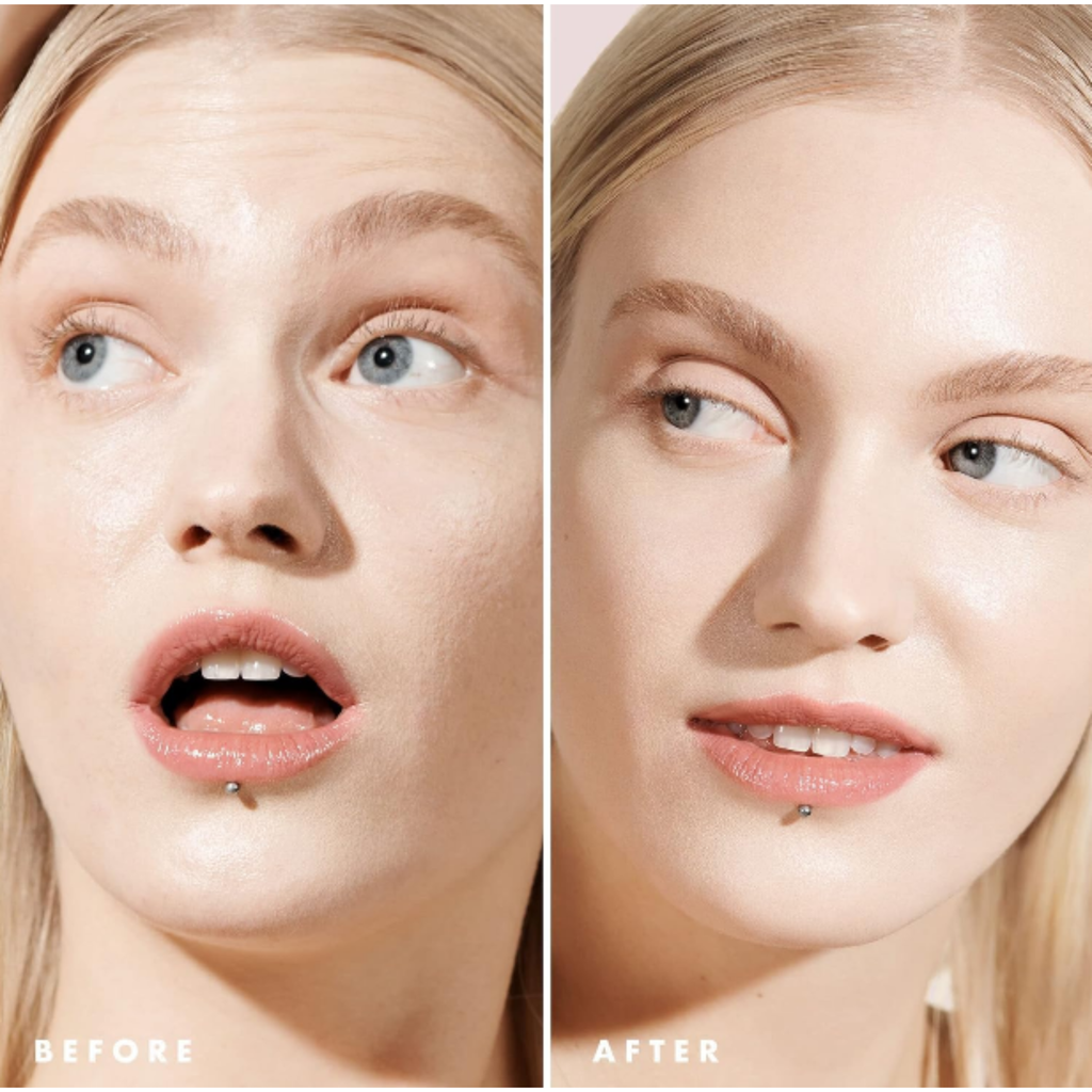 Voor en na gebruik van e.l.f. Poreless Face Primer Reisformaat voor een gladdere huid.