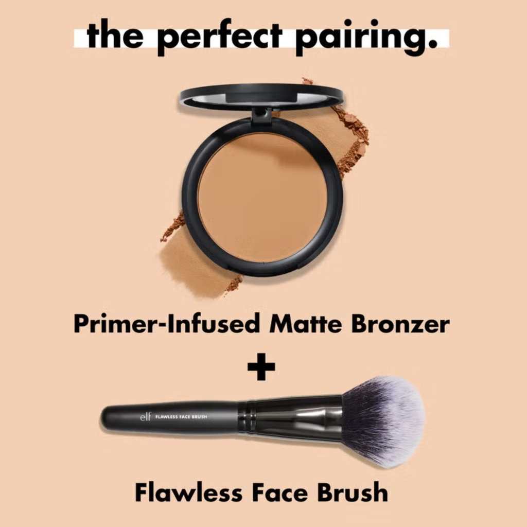 e.l.f. Primer-Infused Matte Bronzer gecombineerd met de Flawless Face Brush voor een egaal resultaat.