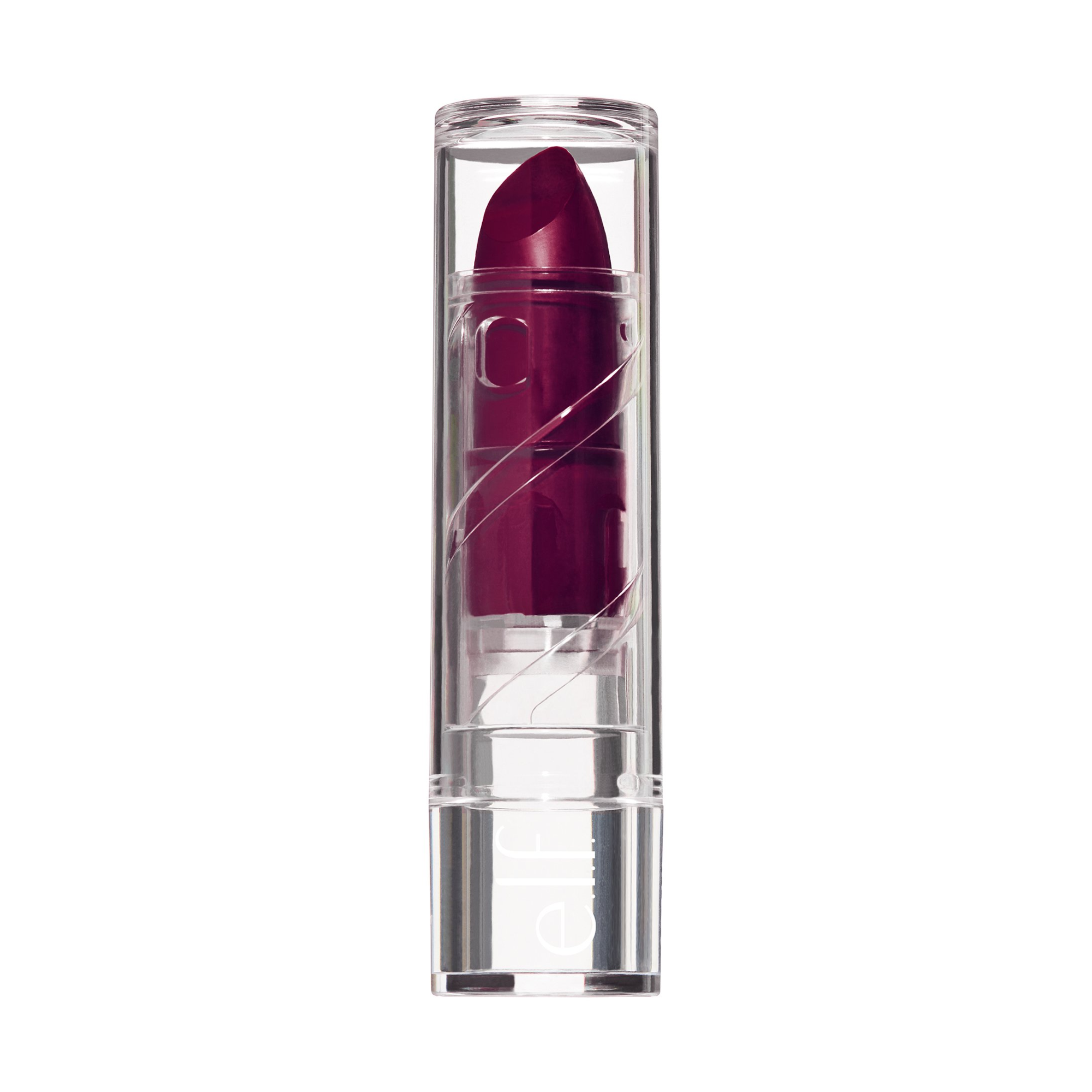 Purple lipstick in a clear case on a white background