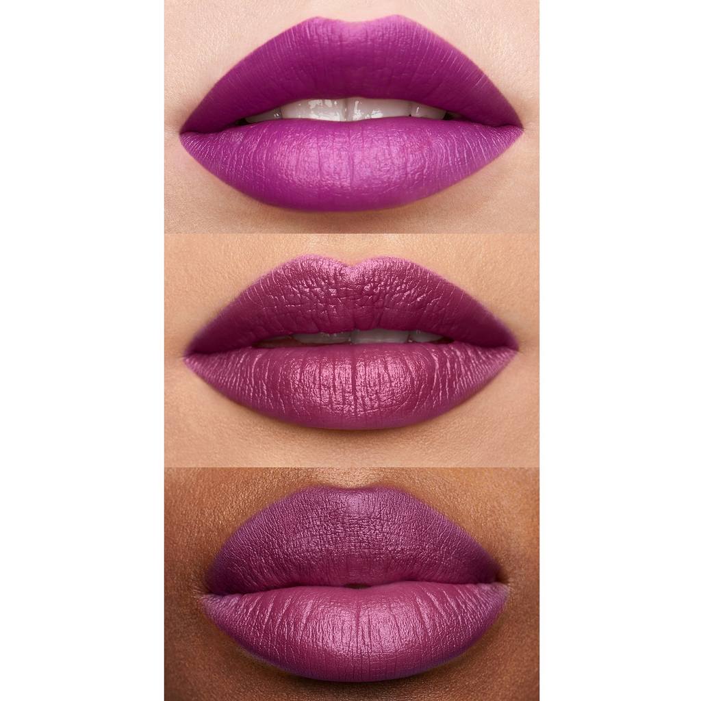 Close-up of three different models wearing shade of purple lipstick on their lips.