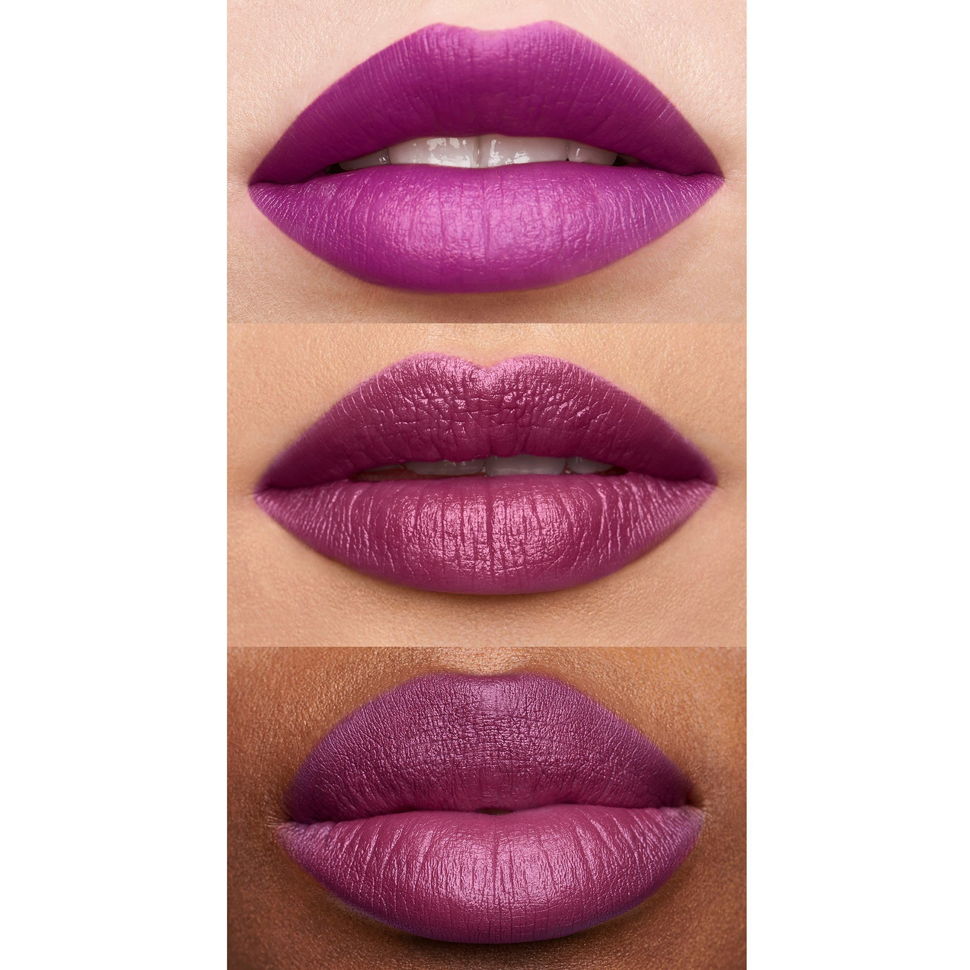 Close-up of three different models wearing shade of purple lipstick on their lips.