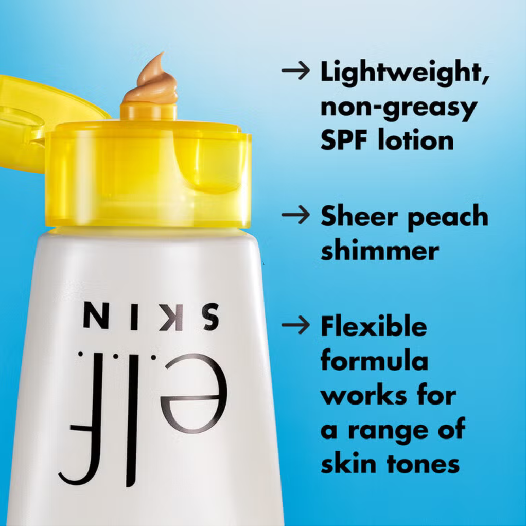 Overzicht van de voordelen van e.l.f. Suntouchable! Whoa Glow SPF 30 met lichte shimmer en SPF-bescherming.
