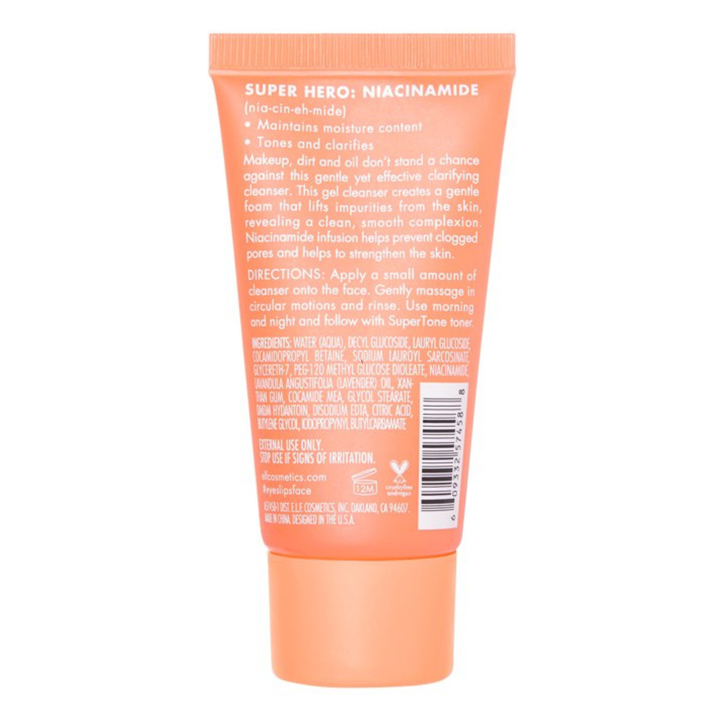 Achterzijde van de verpakking van e.l.f. SuperClarify Cleanser.