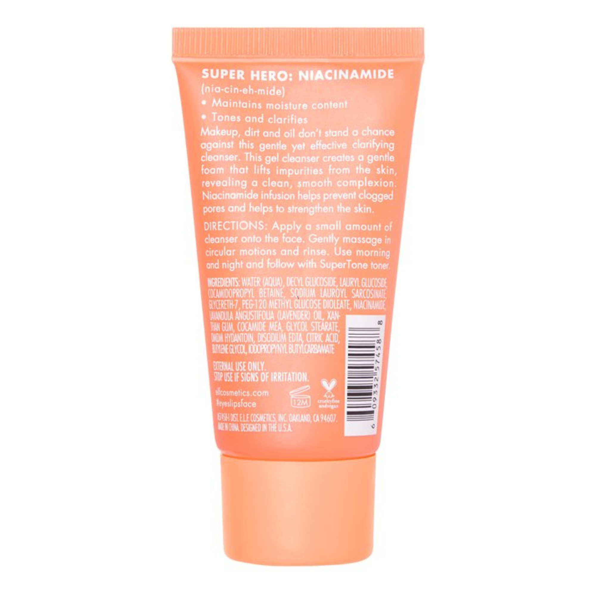 Achterzijde van de verpakking van e.l.f. SuperClarify Cleanser.