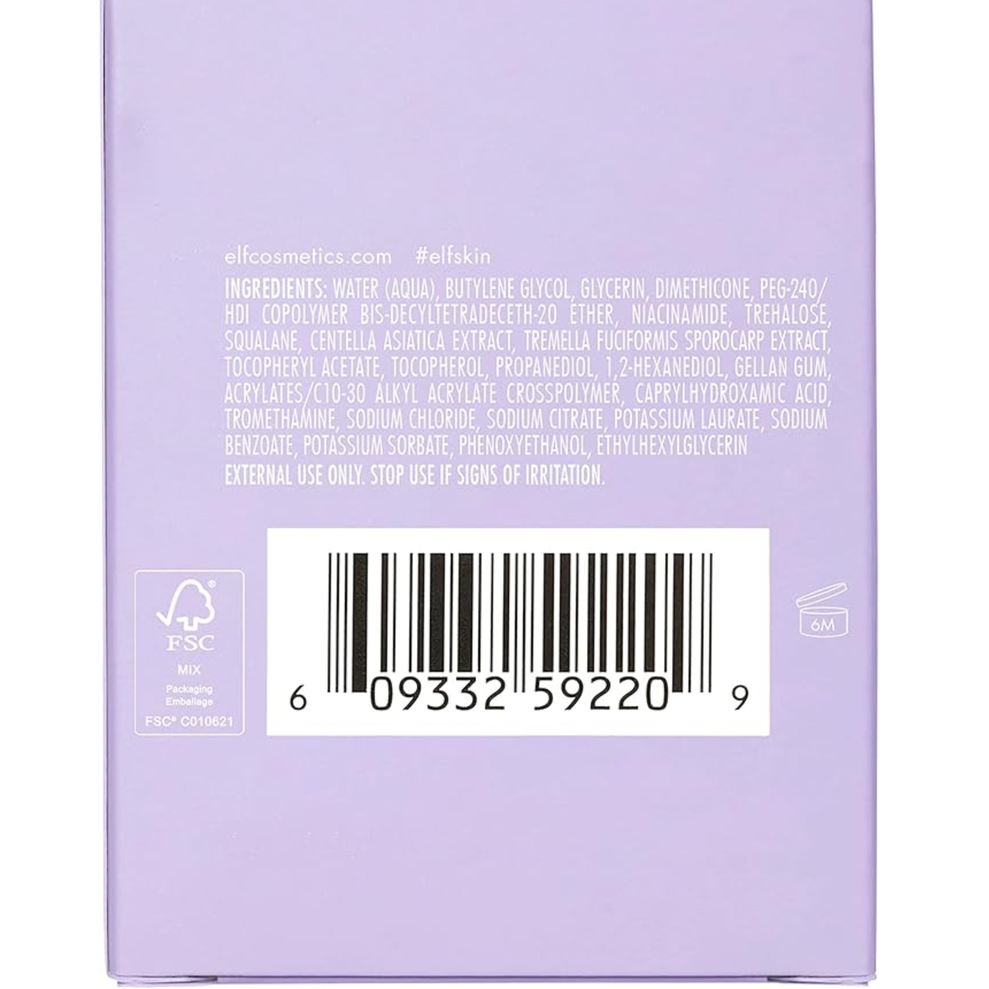 Achterzijde van de verpakking van e.l.f. SuperHydrate Gel Moisturizer.