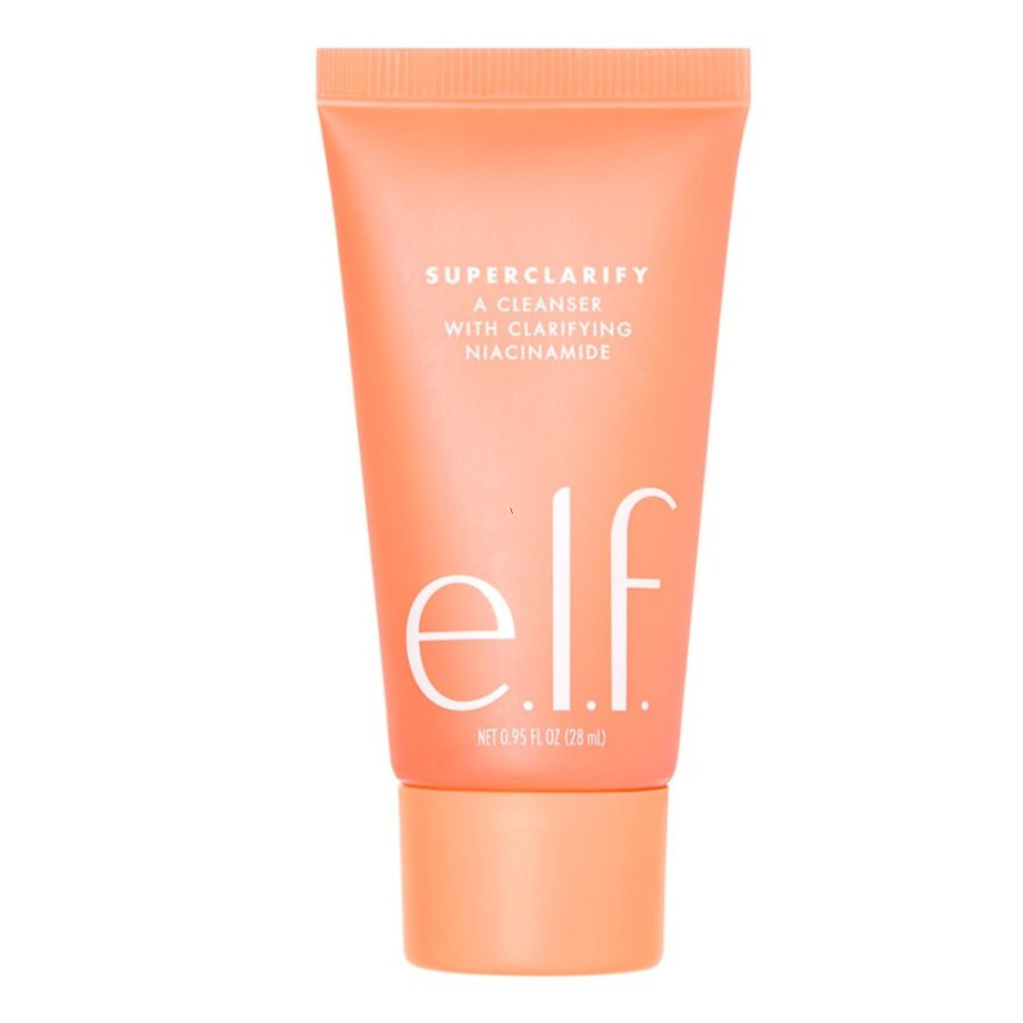 Coral-colored skincare product tube with 'e.l.f.' branding on a white background