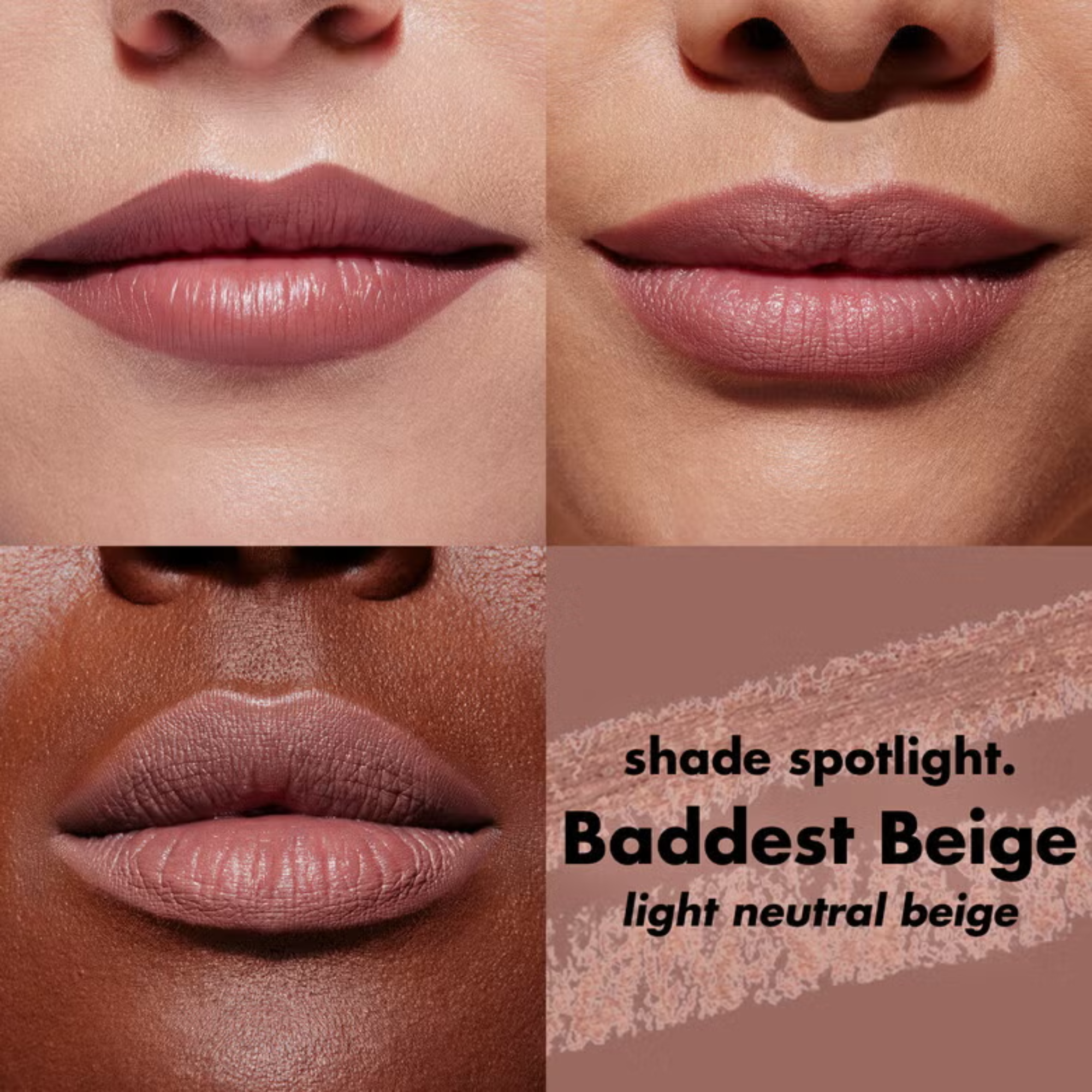 Lipstick shade comparison with 'Baddest Beige' label on a neutral background