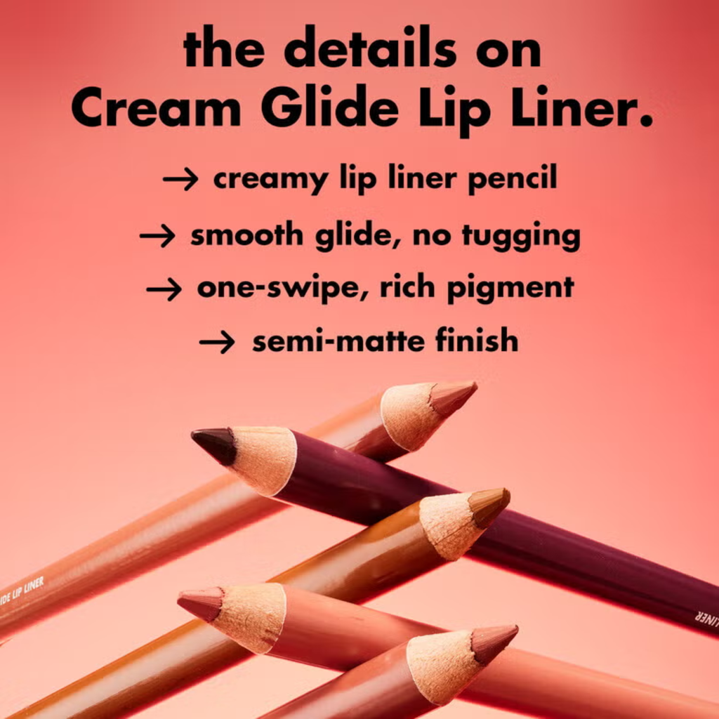 Cream Glide Lip Liner pencils with text on a pink background