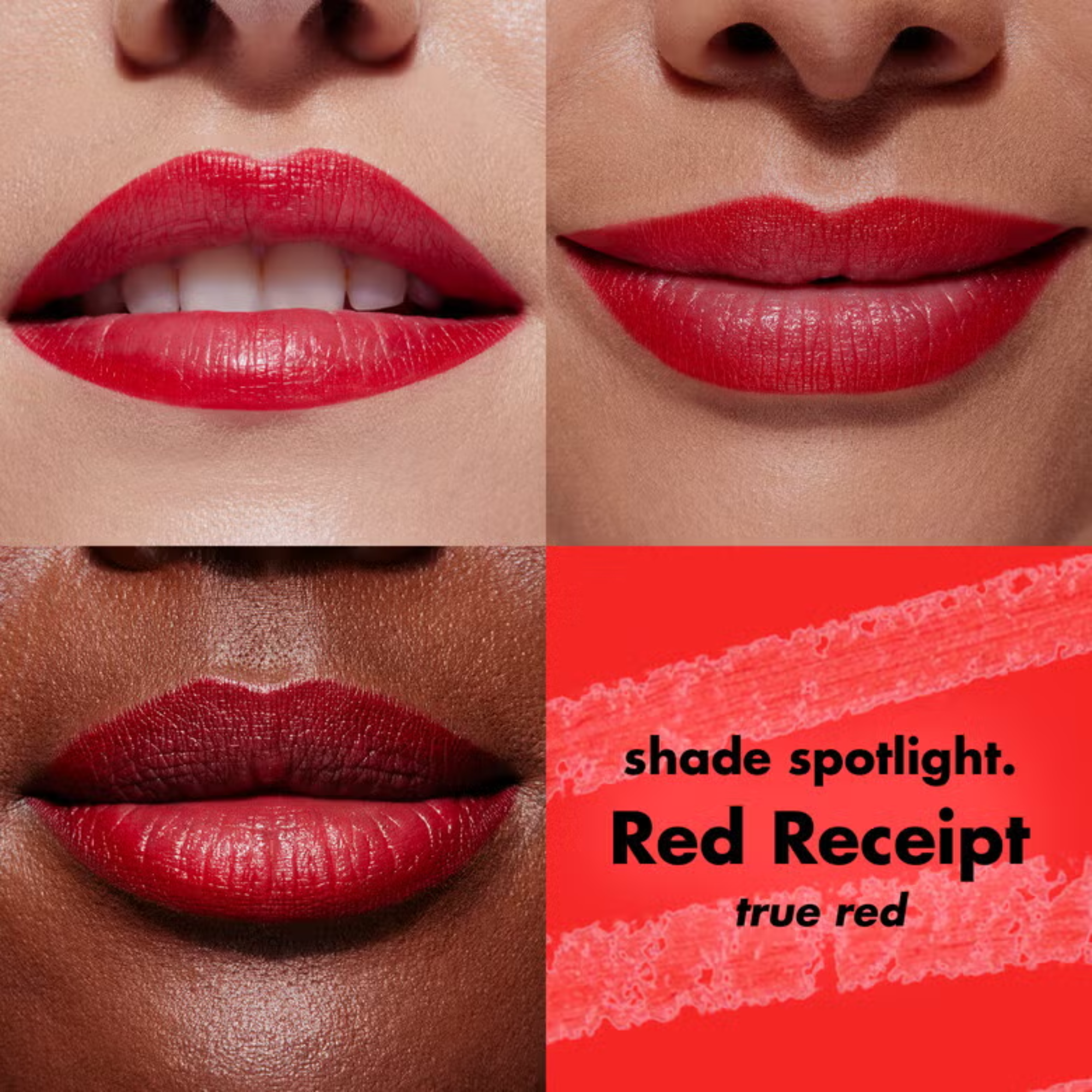 Collage of a person wearing red lipstick with close-up shots and a label for 'Red Receipt' shade.