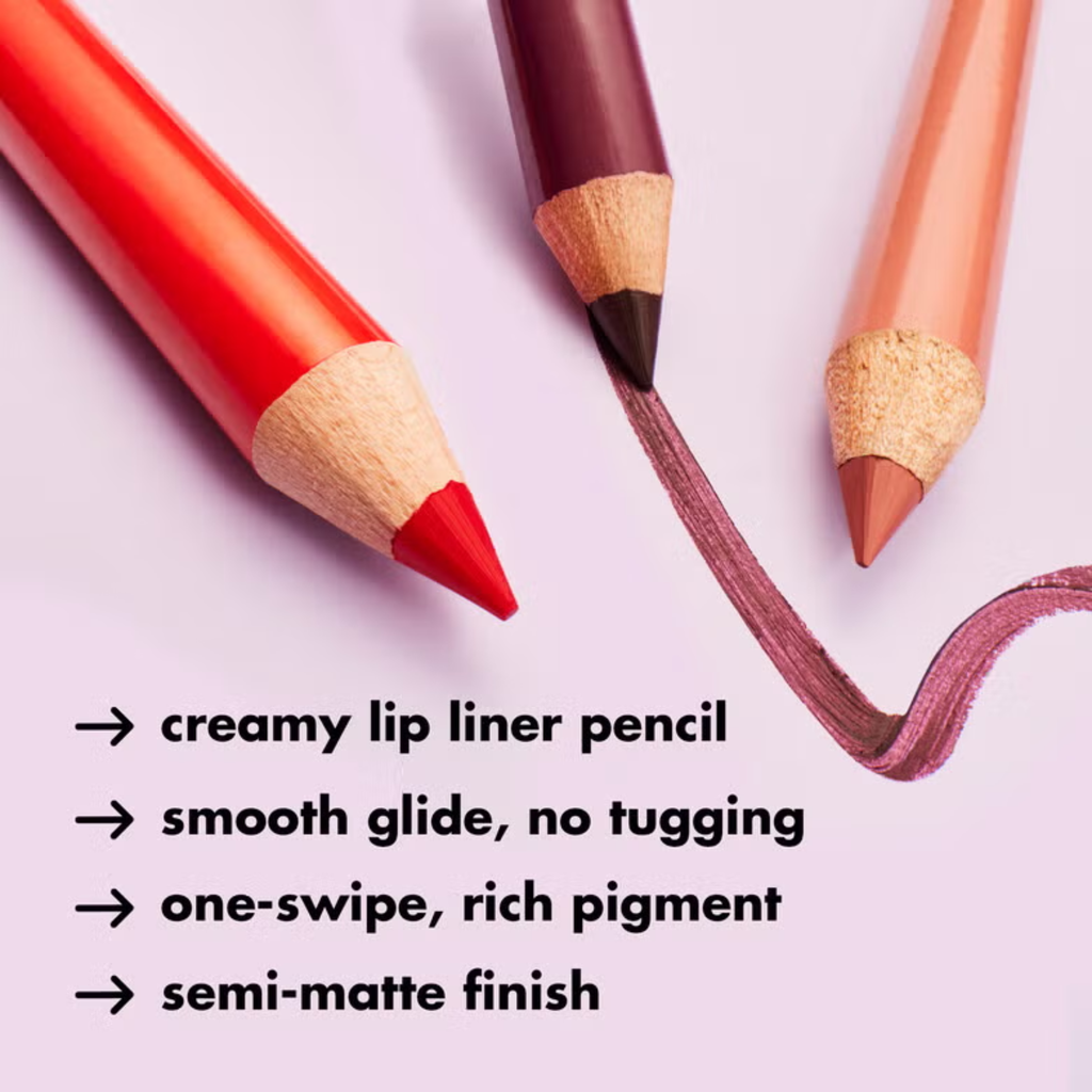 Three lip liner pencils in red, brown, and pink on a light purple background with text describing features.