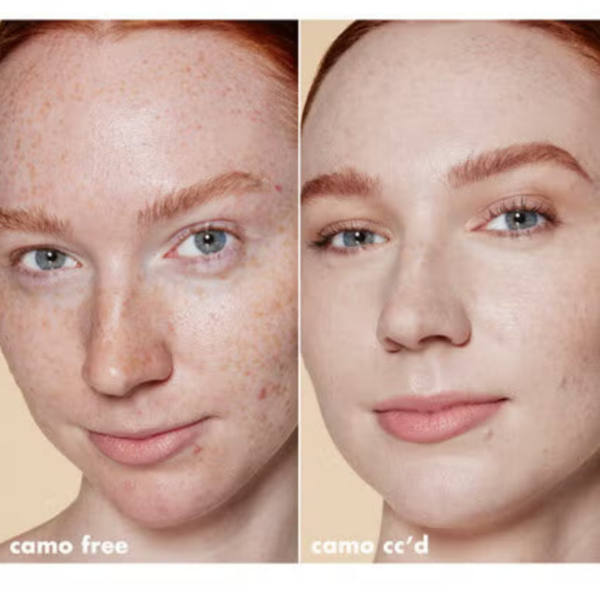 Before and after comparison of a person's face with and without cosmetic application of CC Camo Cream.