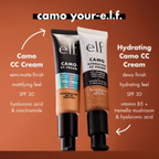 Two e.l.f. Camo CC Cream products on a brown background with product details.
