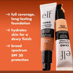 Two tubes of e.l.f. Camo Hydrating CC Cream on an orange background with product features listed.