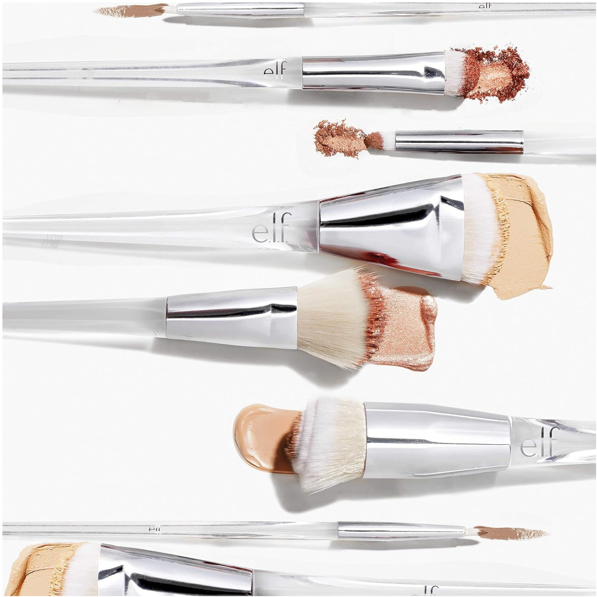Set of makeup brushes with e.l.f. branding on a white background with each corresponding product
