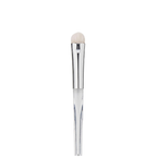 Makeup brush with white bristle head and silver handle on a white background