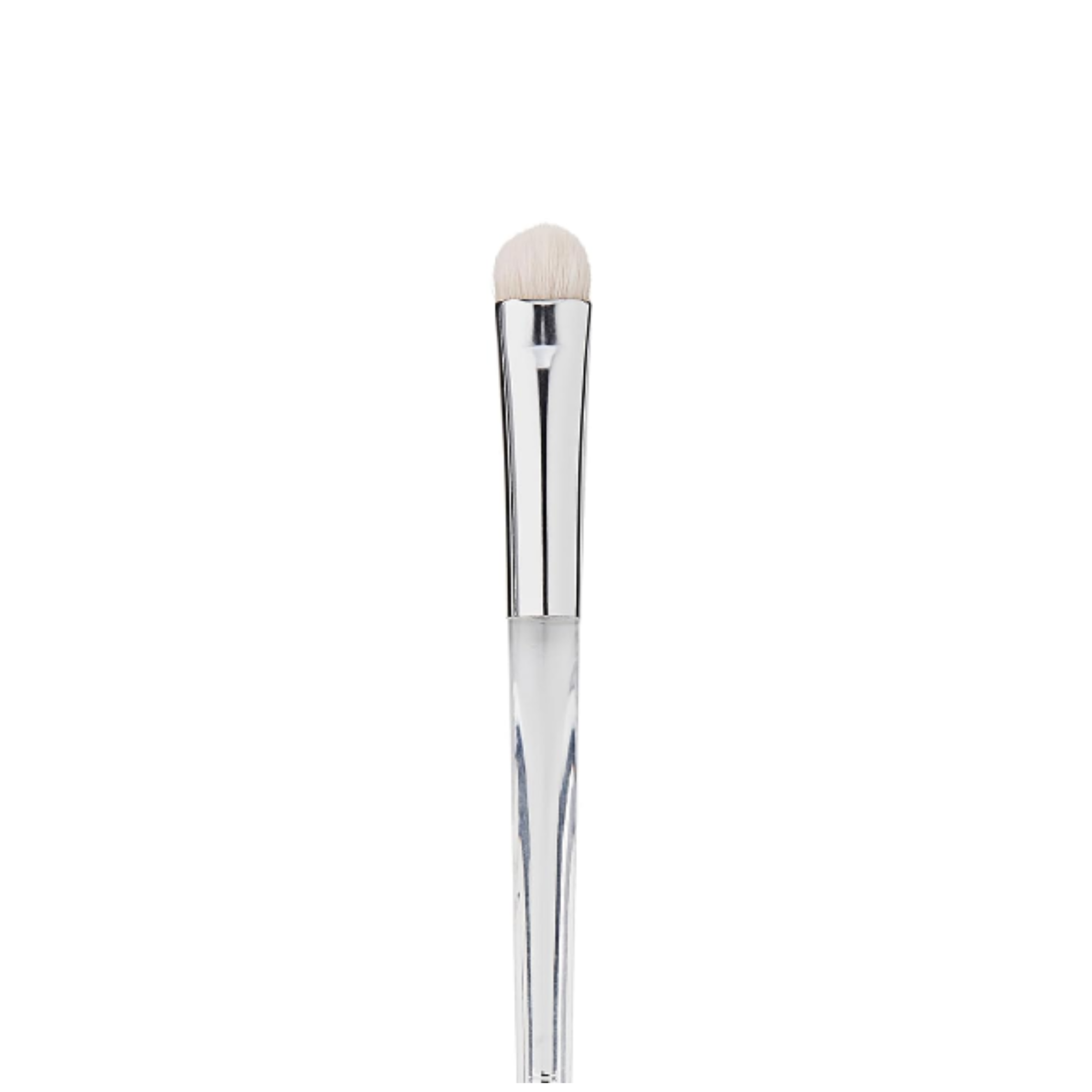 Makeup brush with white bristle head and silver handle on a white background