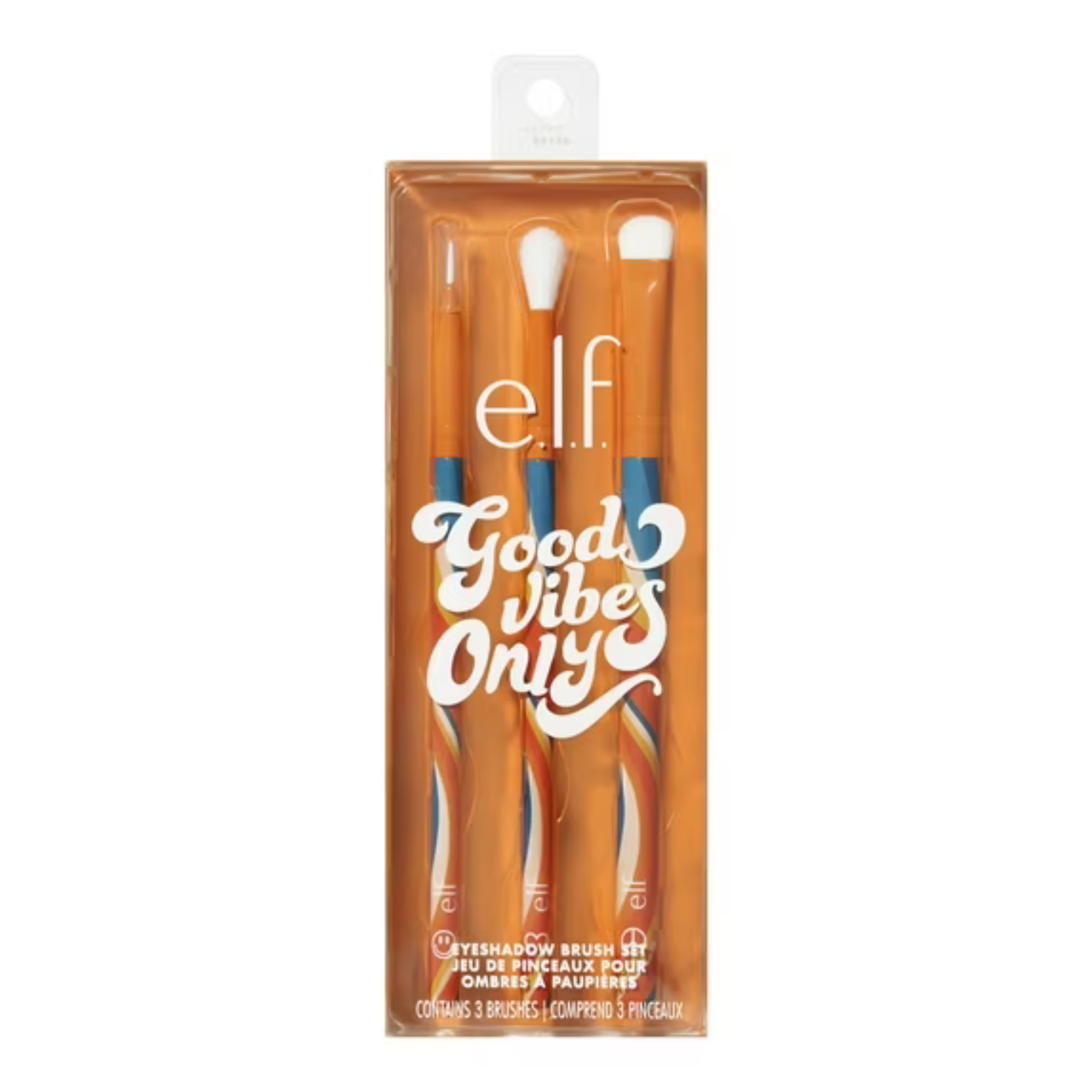 Packaged makeup brushes with 'e.l.f.' branding and 'Good Vibes Only' text on a white background.