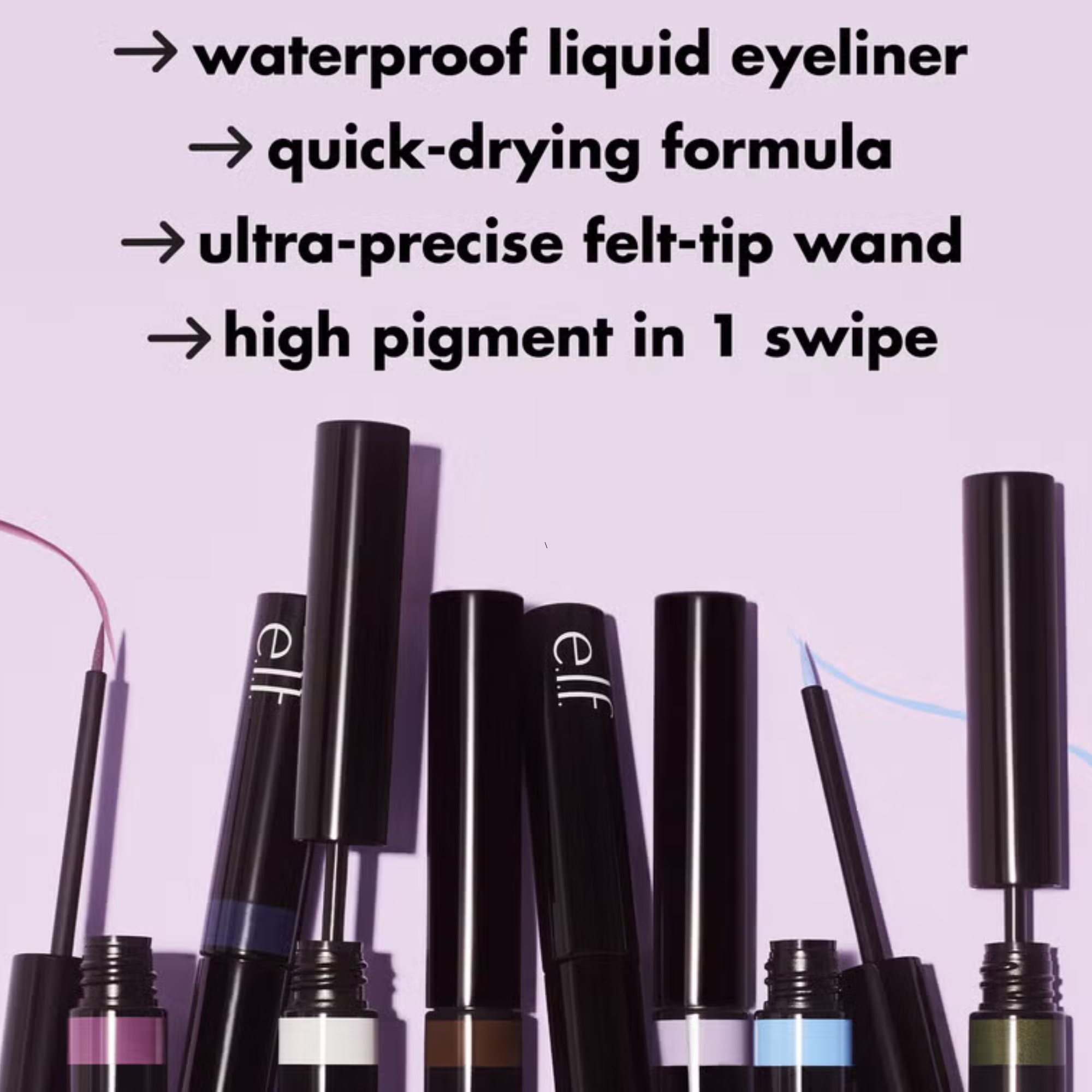 Collection of e.l.f. eyeliner products with text highlighting features on a purple background