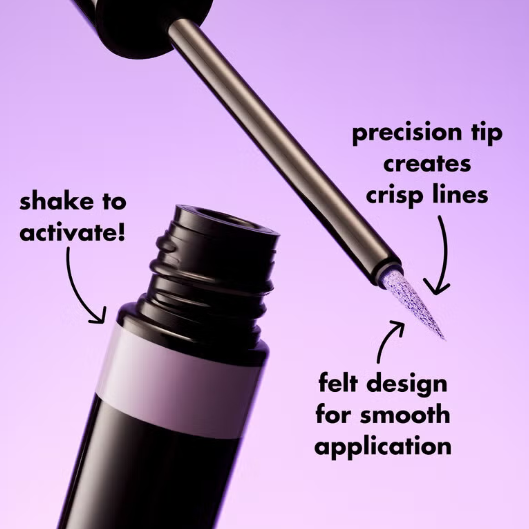 Eyeliner pen with text on a purple background