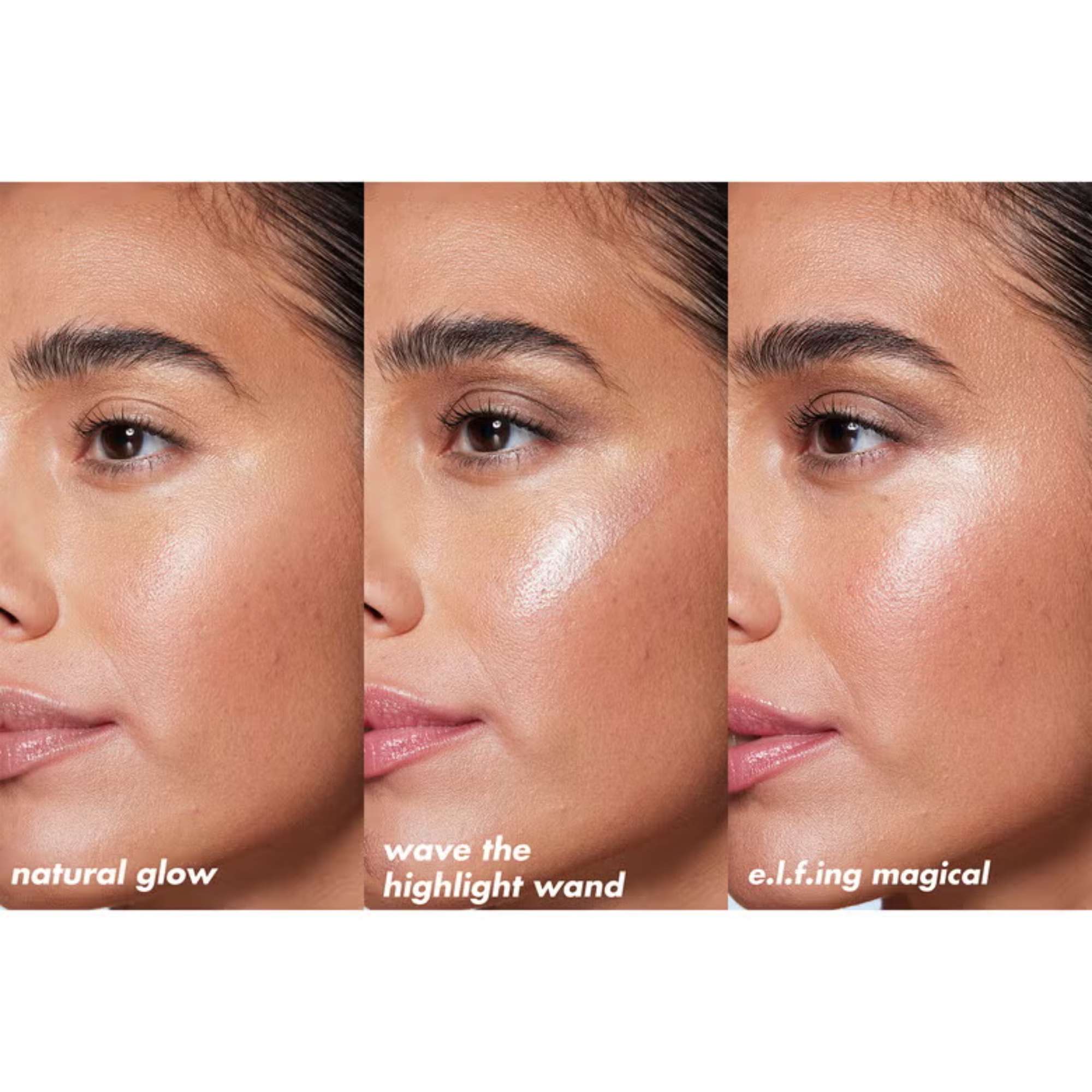 Model met e.l.f. Halo Glow Highlight Beauty Wand voor een stralende glow