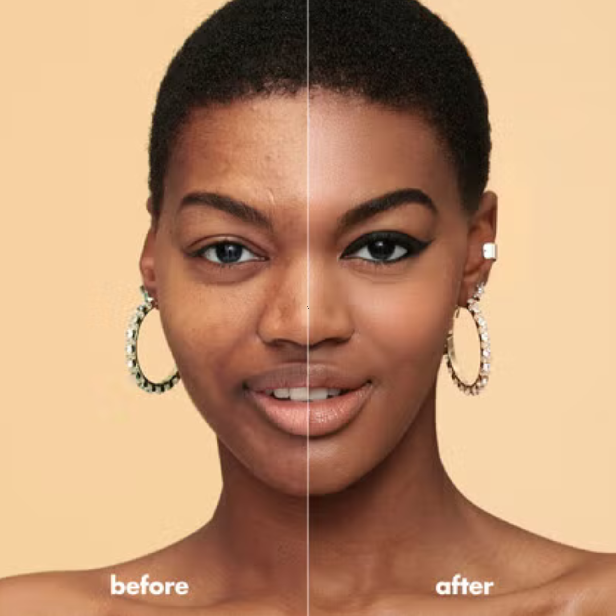 Before and after comparison of a woman wearing hoop earrings on a beige background