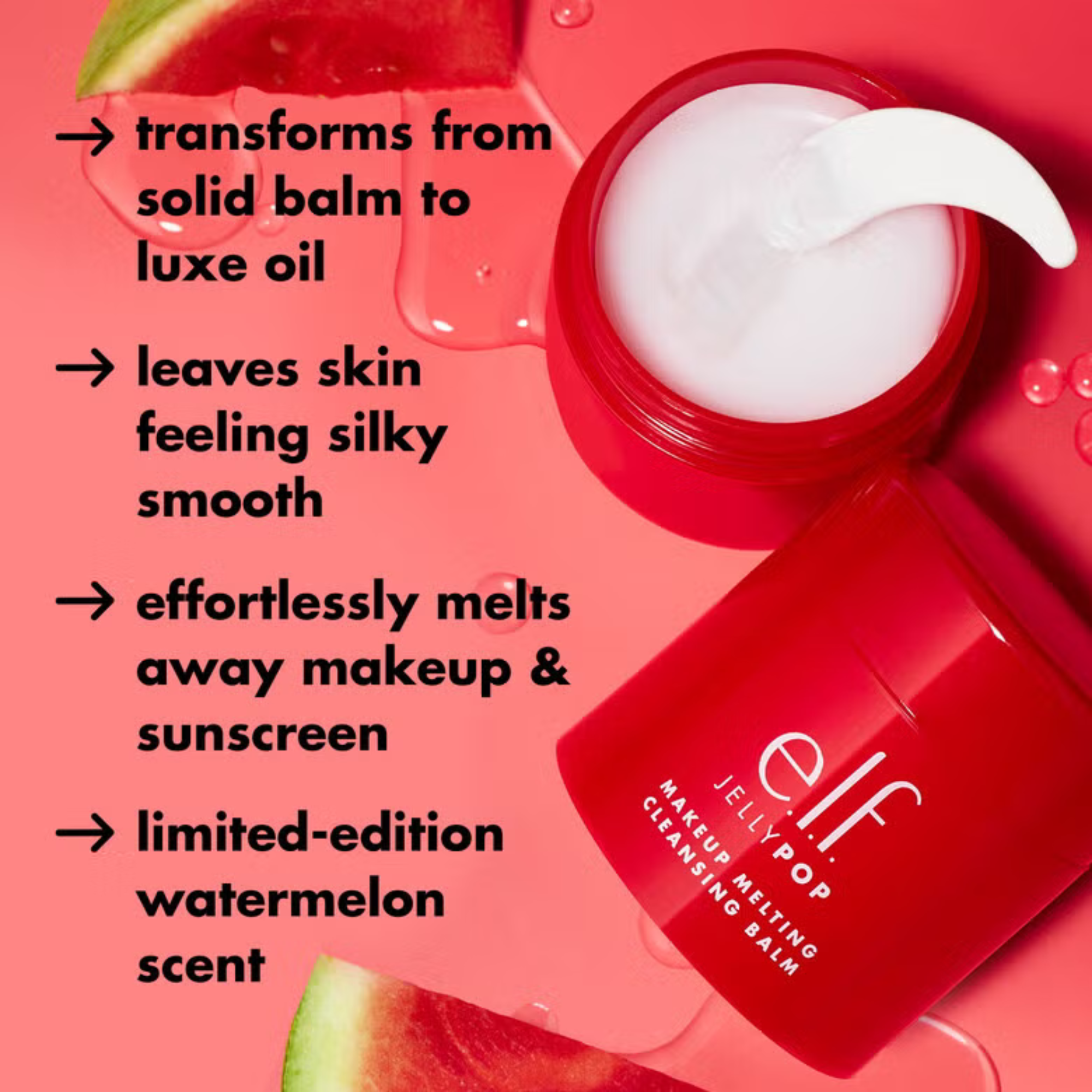 Red jar of 'elf Jelly Pop' makeup melting cleansing balm with watermelon slices on a pink background