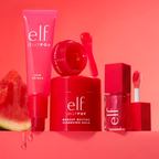 Collection of e.l.f. JellyPop makeup products on a red background