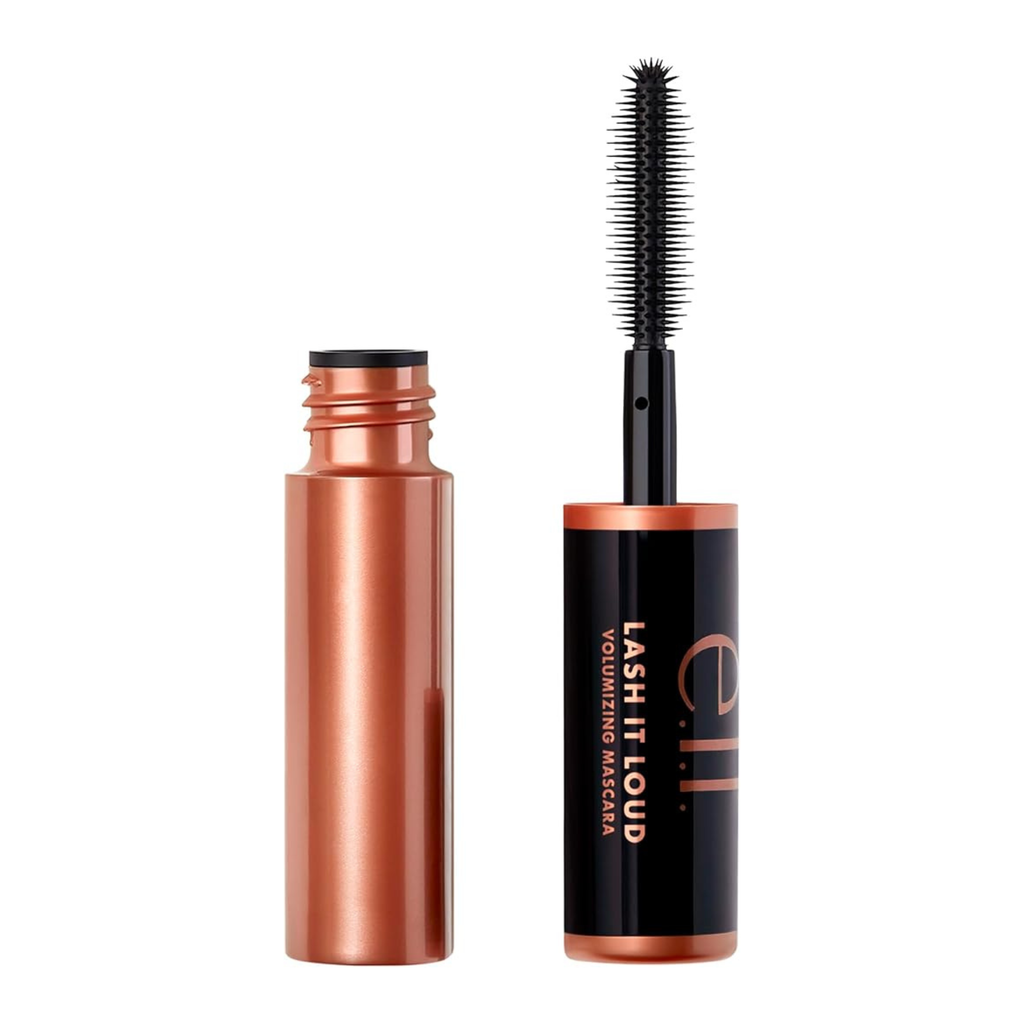 Open mascara tube with black brush on a white background