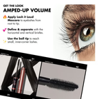 Mascara application guide with close-up of eye and product details