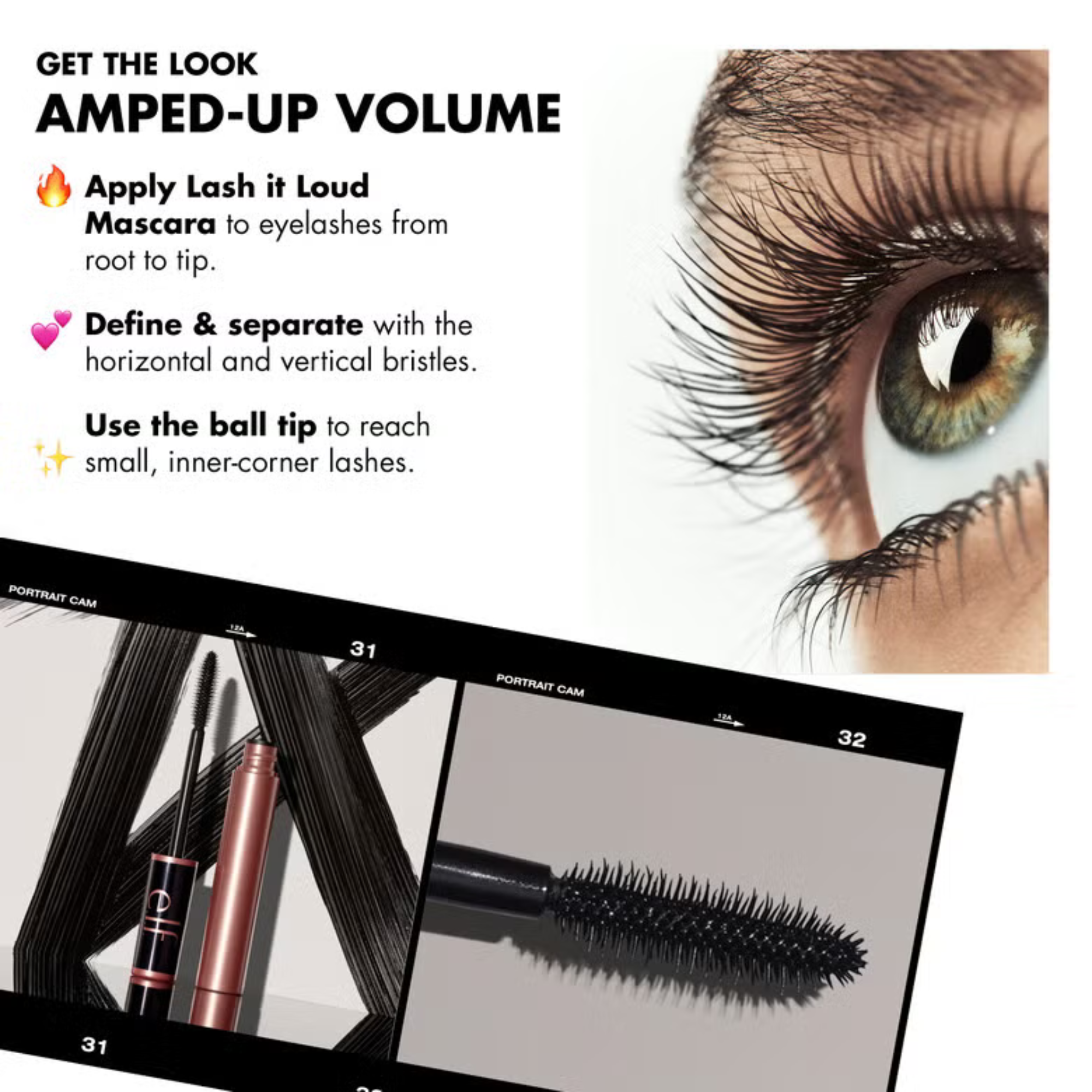 Mascara application guide with close-up of eye and product details