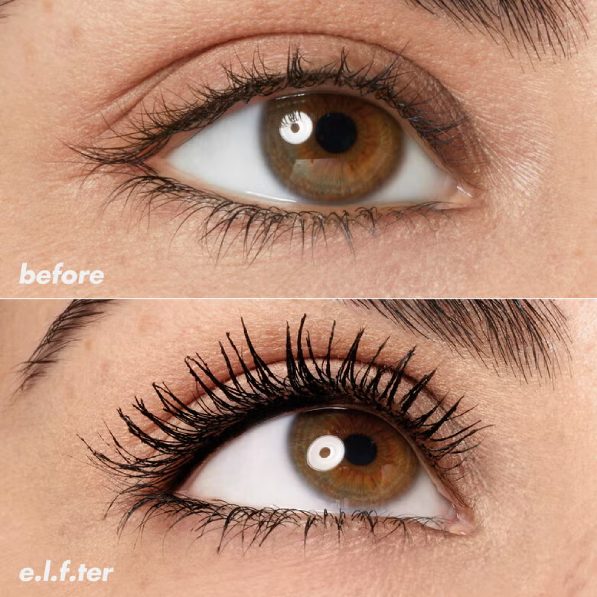 e.l.f. Lash XTNDR Mascara Mini before and after lengthening effect close up