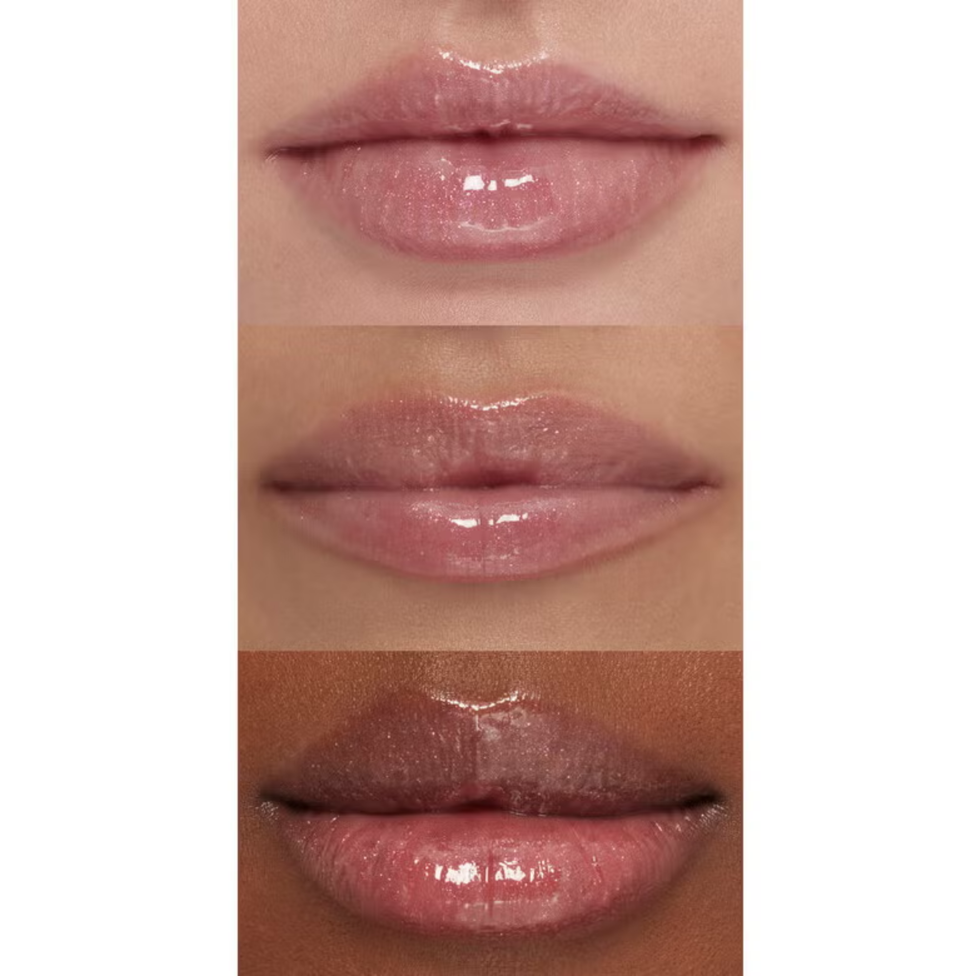 Close-up of three different models wearing shade of pink sugar lip gloss applied to lips.