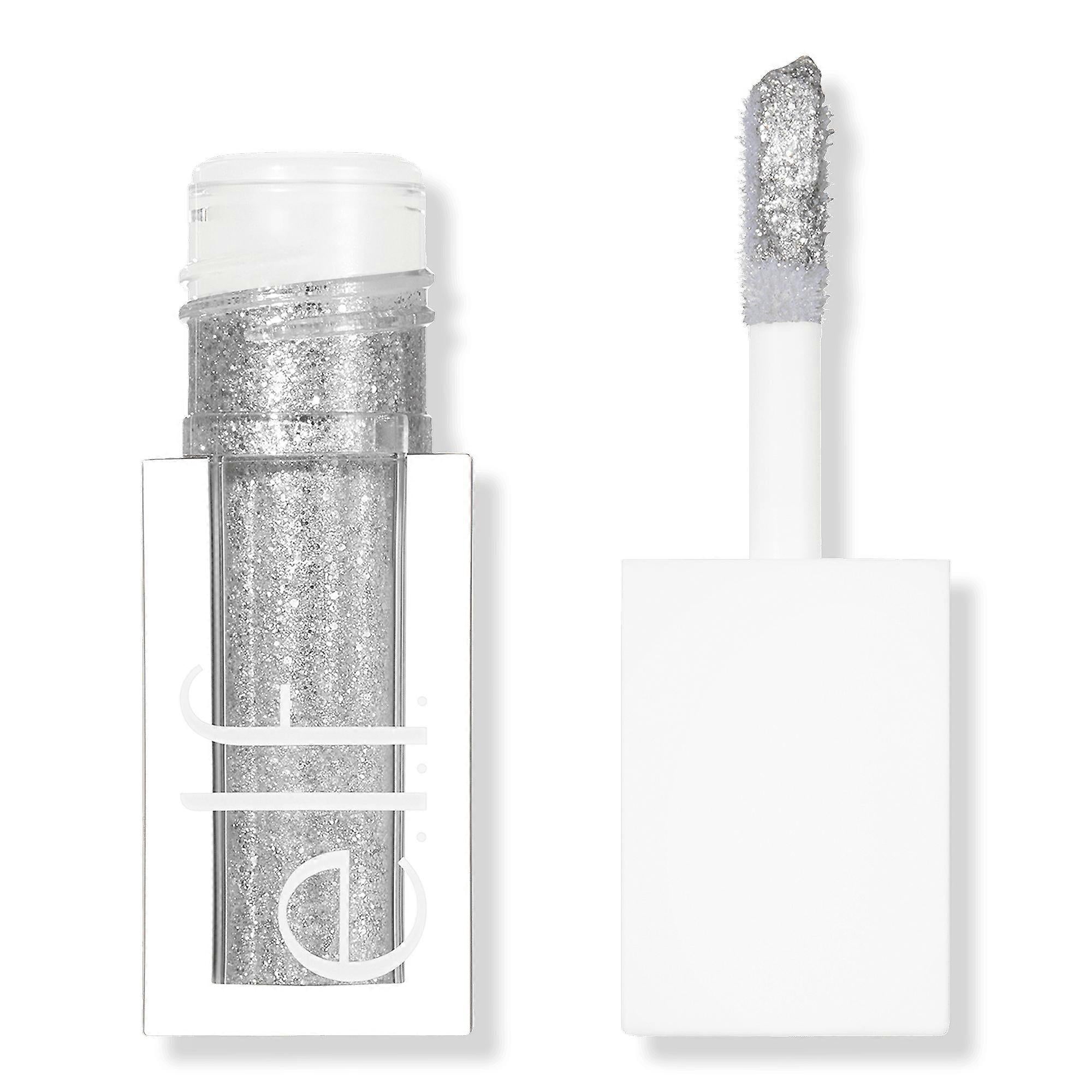 Silver glitter lip gloss with applicator on a white background