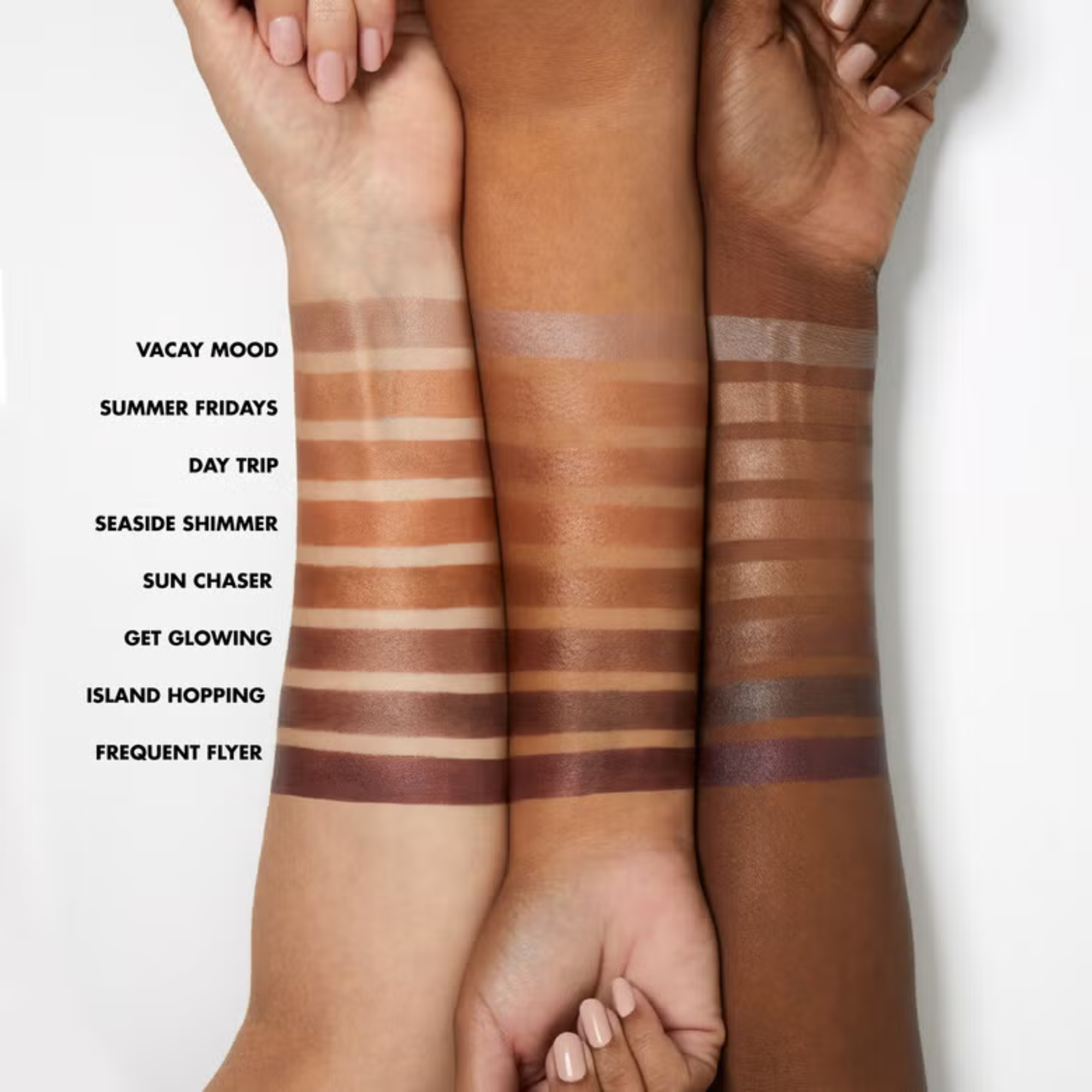 Three arms with different colored luminous putty bronzer swatches on a white background