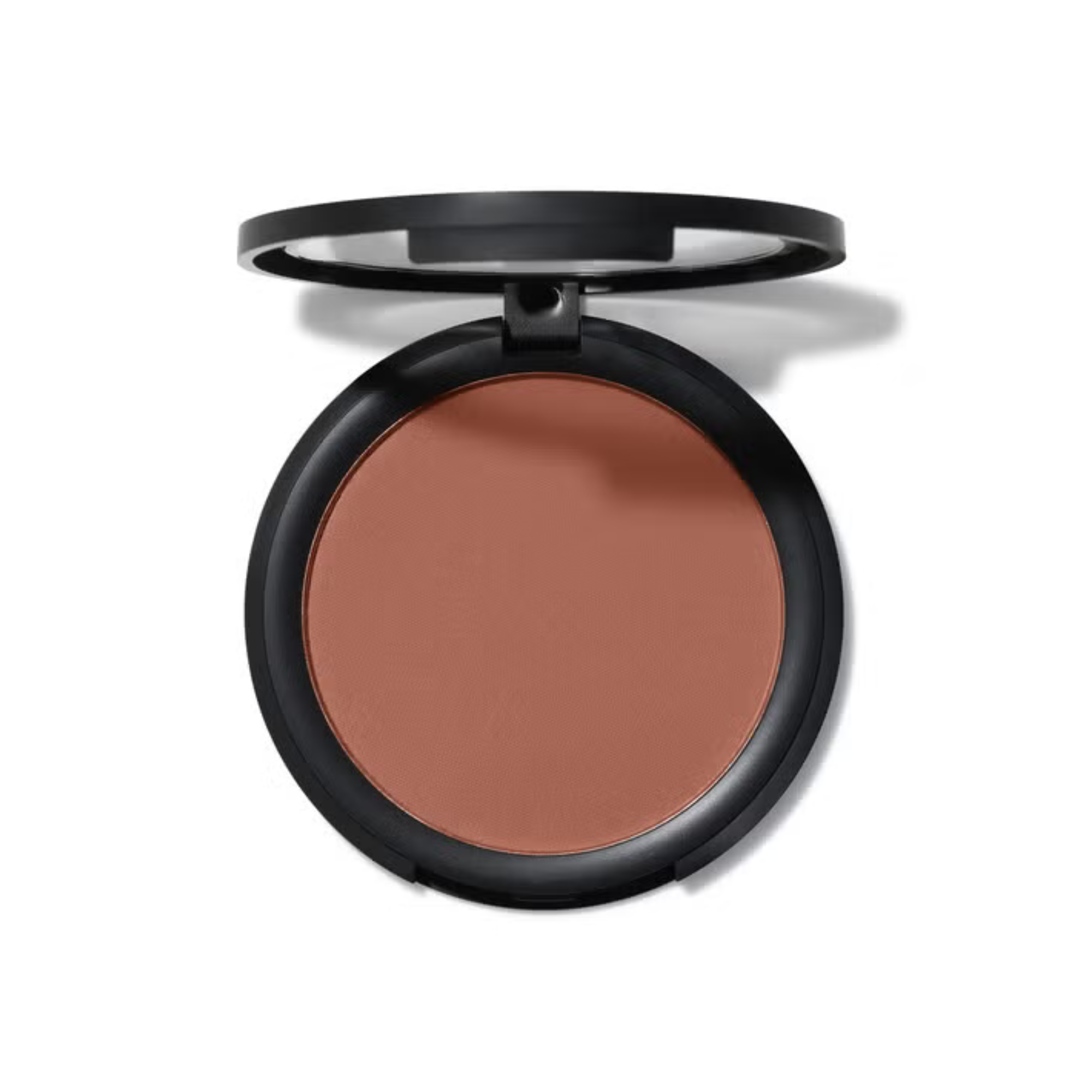 Compact brown powder bronzer in a black case on a white background