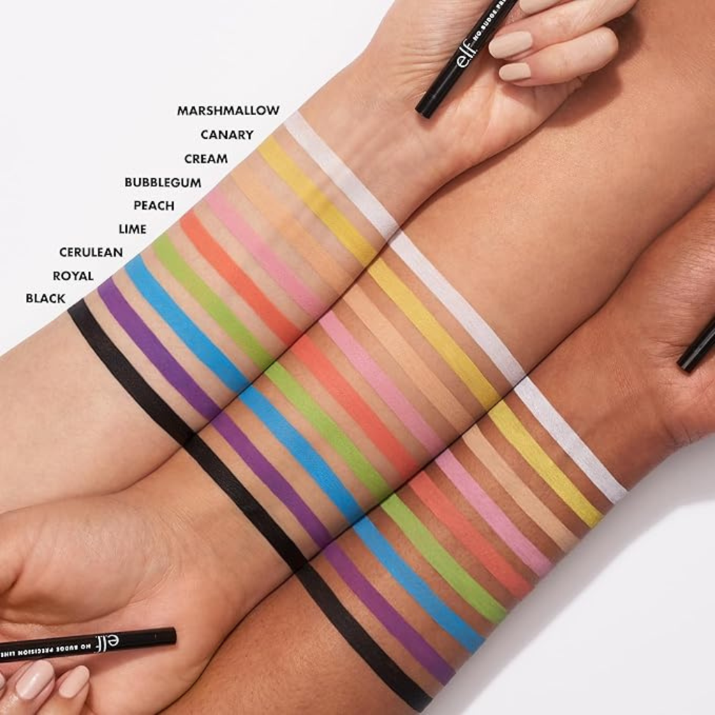 Color swatches on a wrist with ELF Cosmetics lip liner, showing various shades.