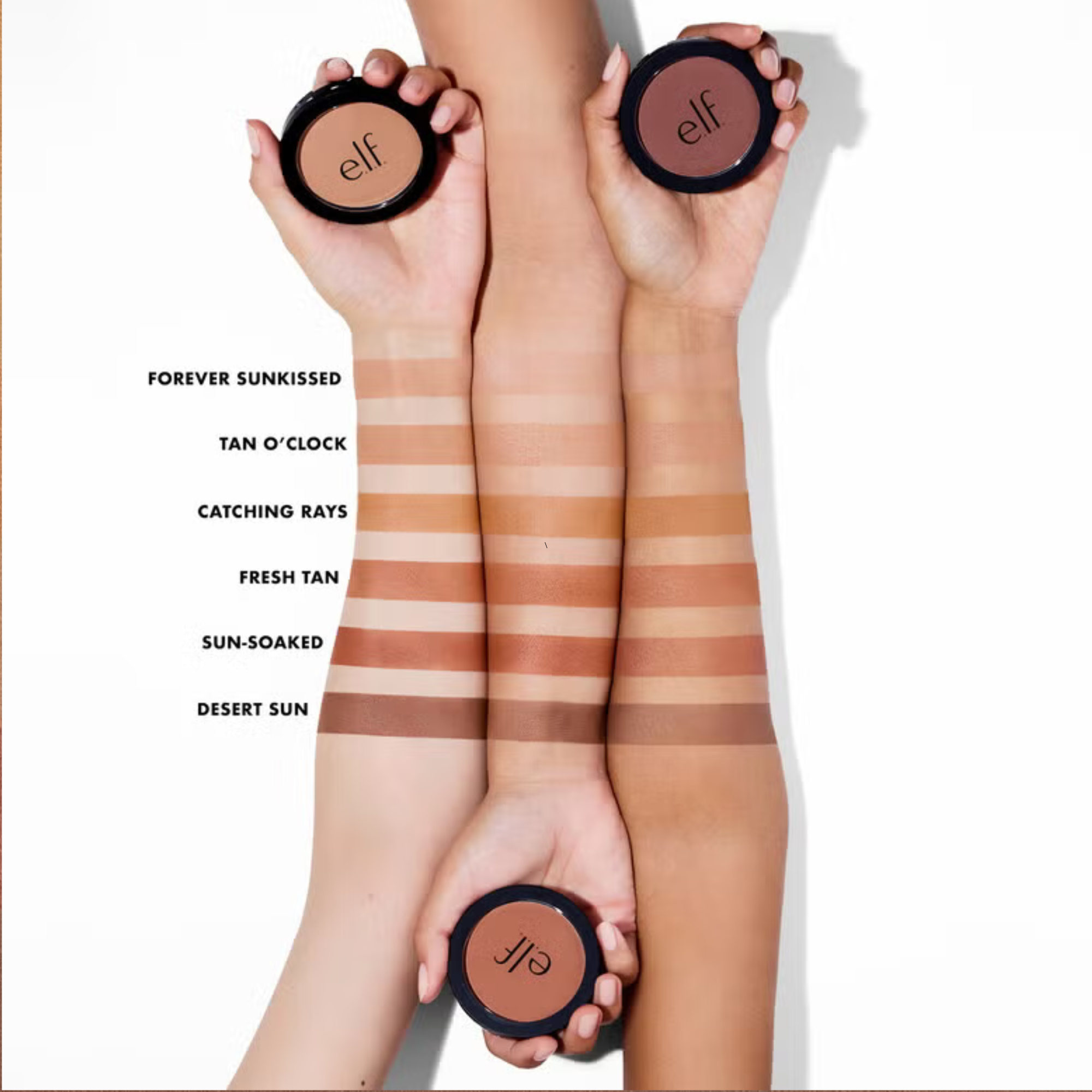 Hands holding e.l.f. bronzer with color swatches on a white background