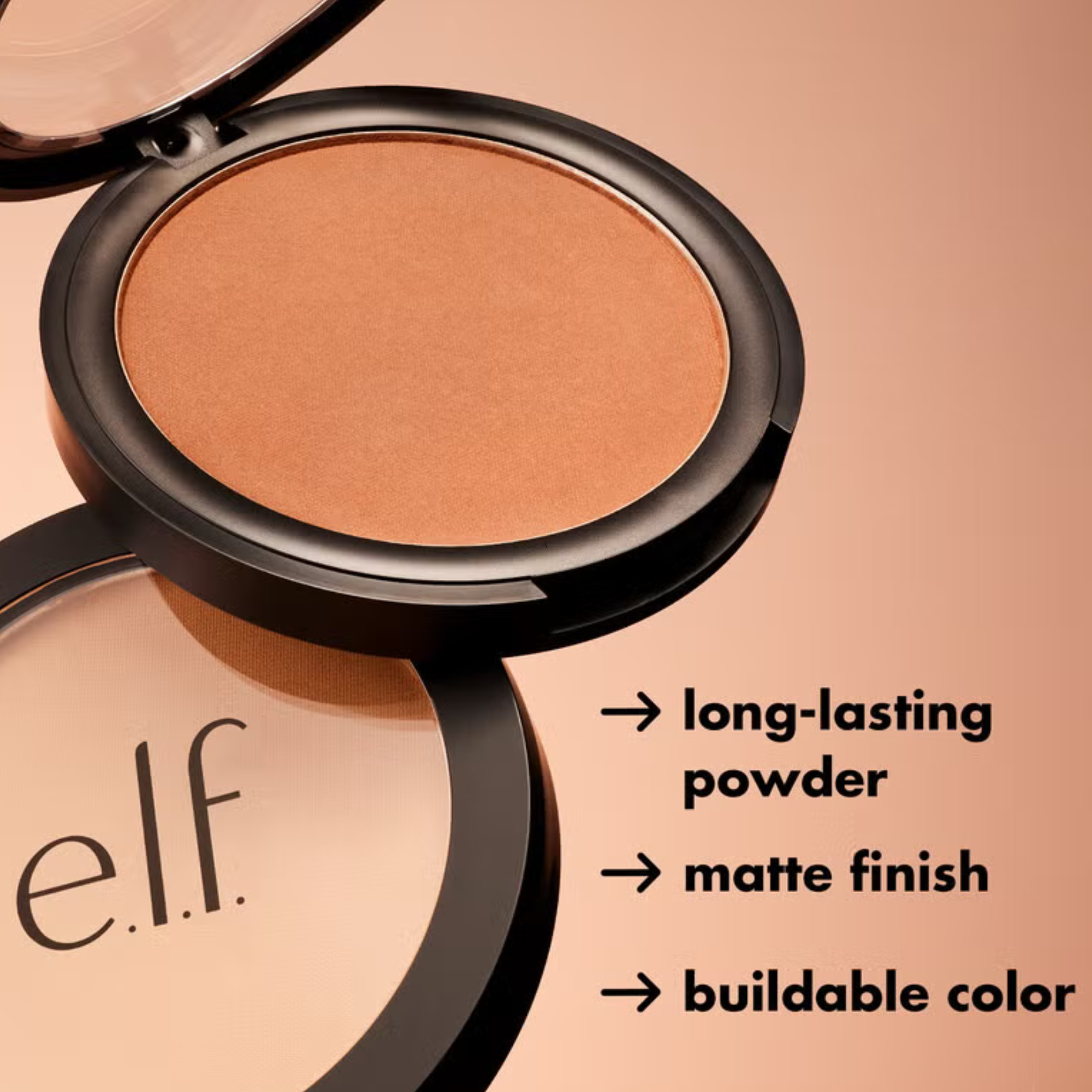 Compact powder with 'e.l.f.' branding on a beige background