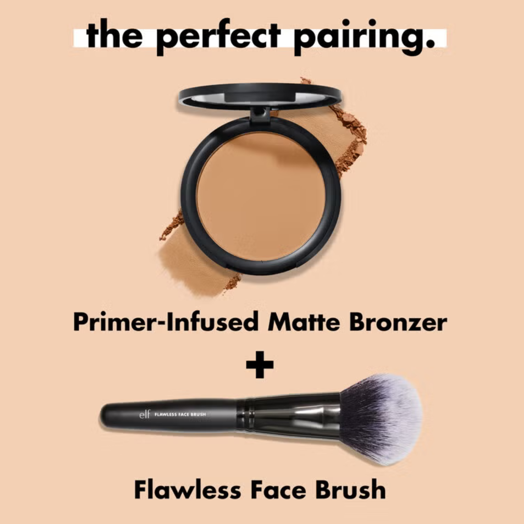 Primer-infused matte bronzer and flawless face brush on a beige background with text 'the perfect pairing'.