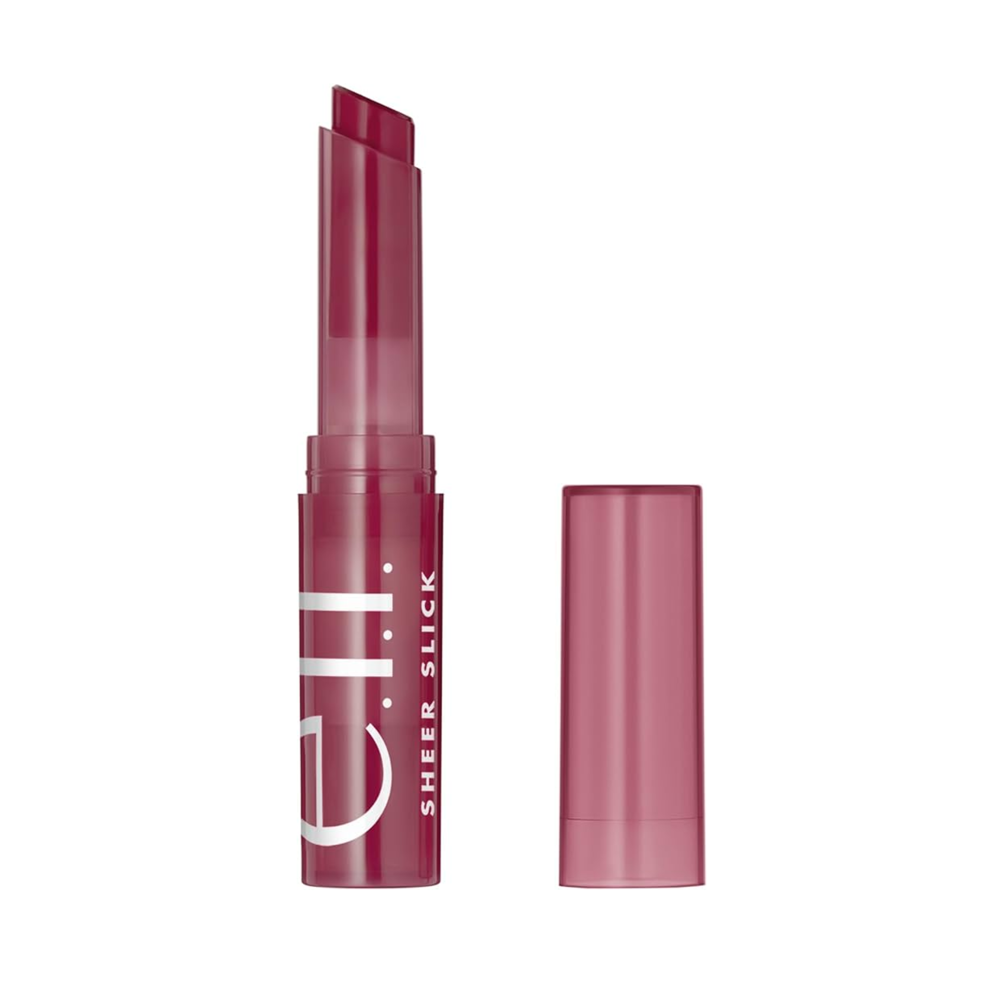 e.l.f. sheer lipstick in a berry shade with open cap on a white background