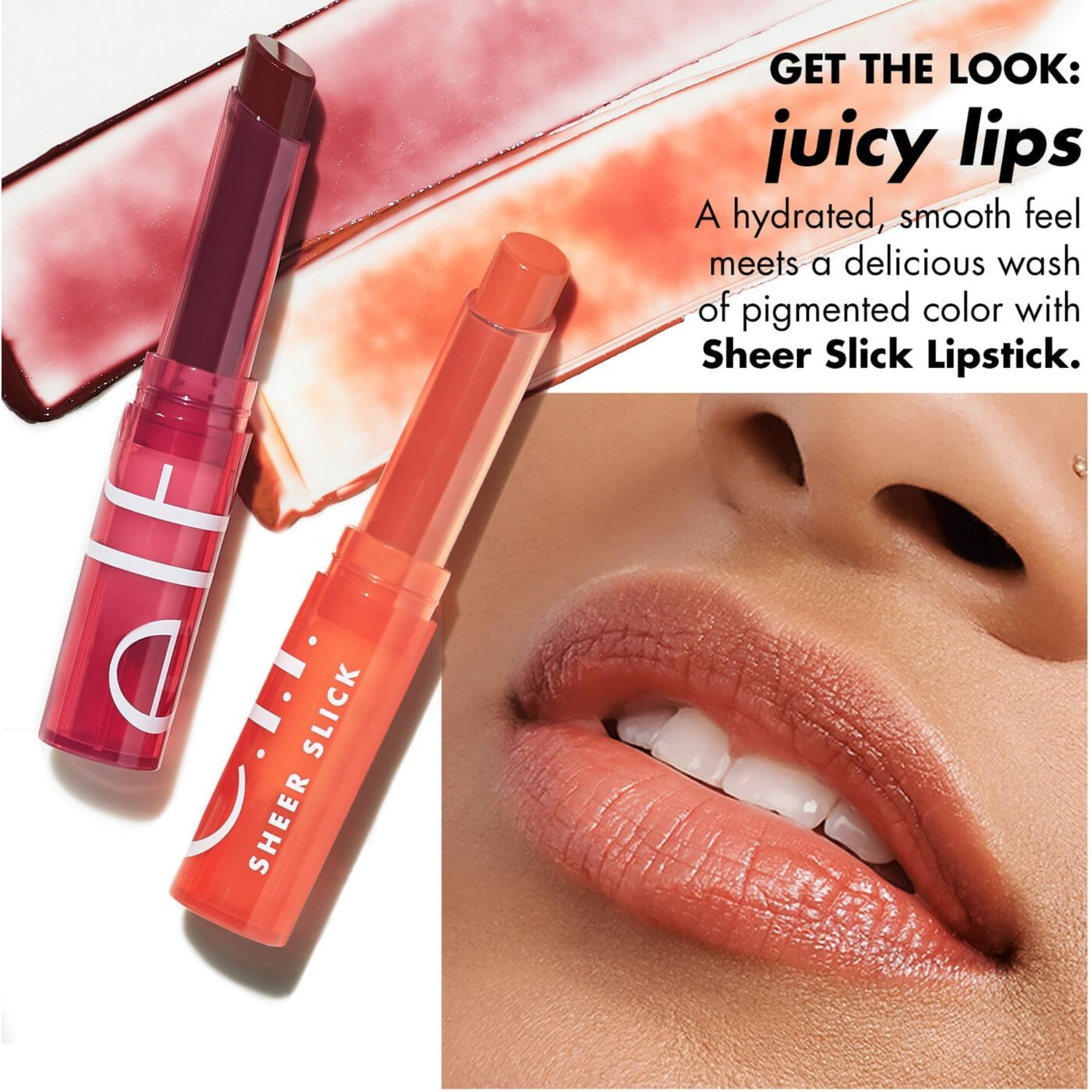 Two lipsticks with 'elf' branding and a close-up of lips wearing the product, against a white background.