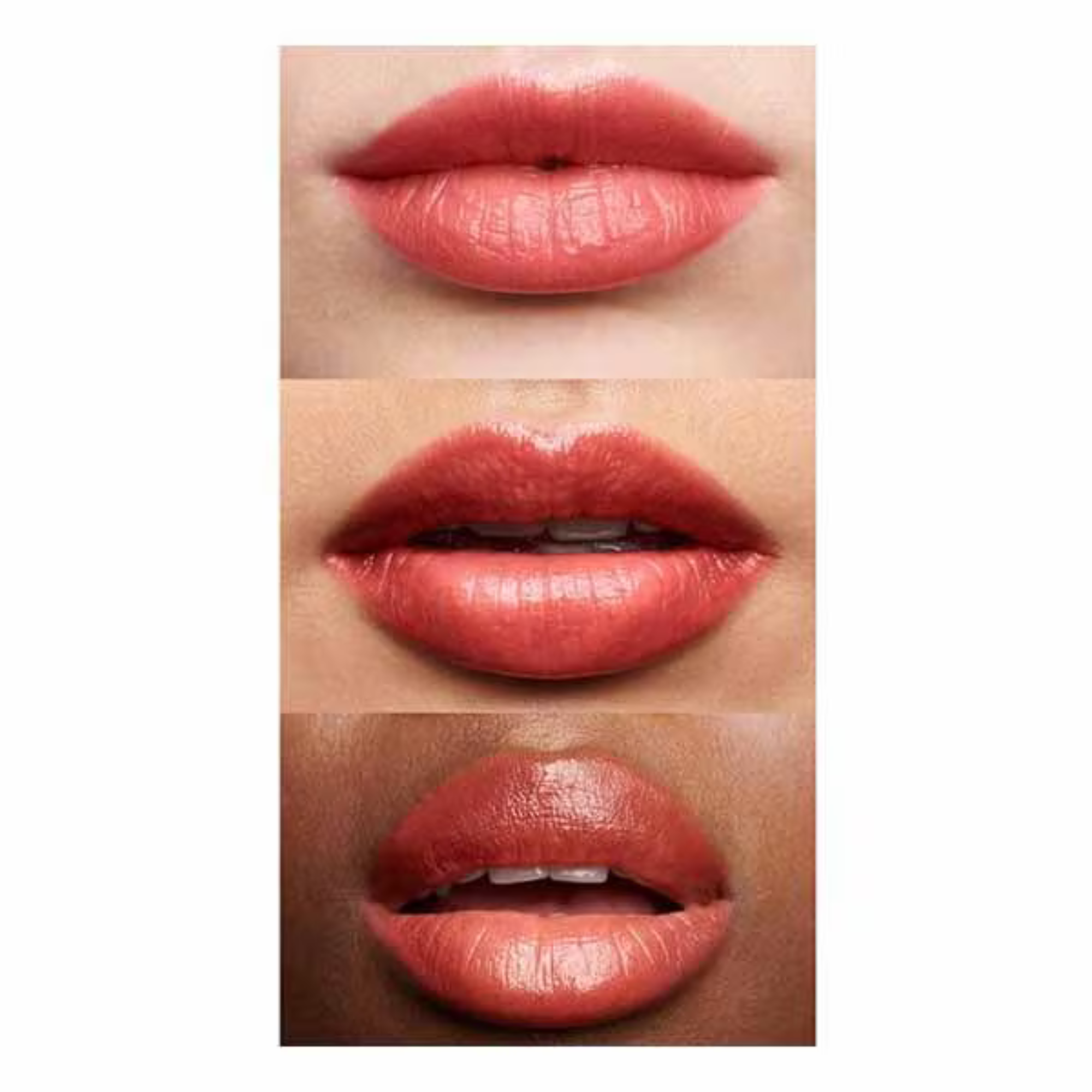 Three models with different skin tones wearing orange elf sheer lipstick on a white background